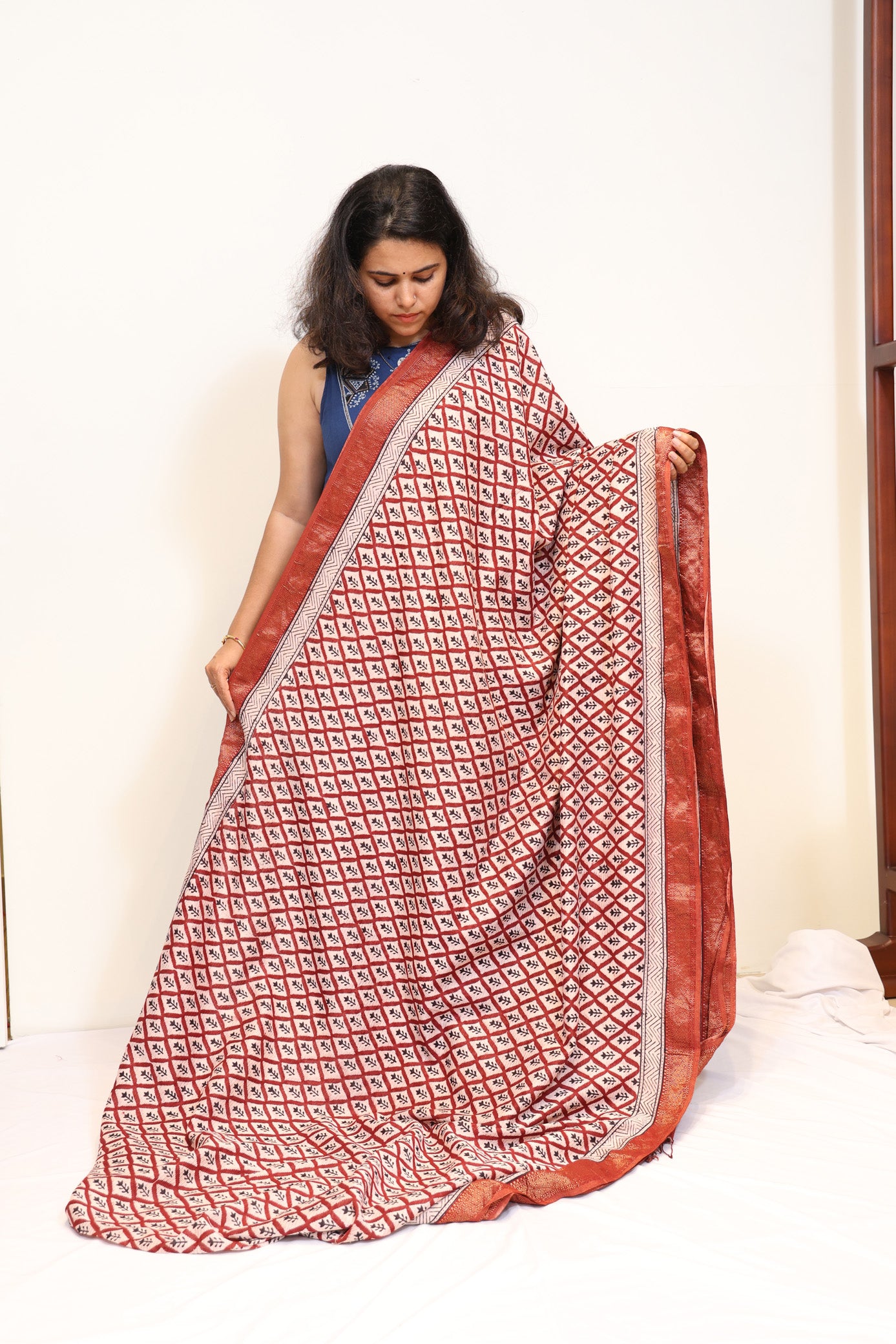 Chanderi Silk Cotton Handblock Printed Saree with Rust Red Border