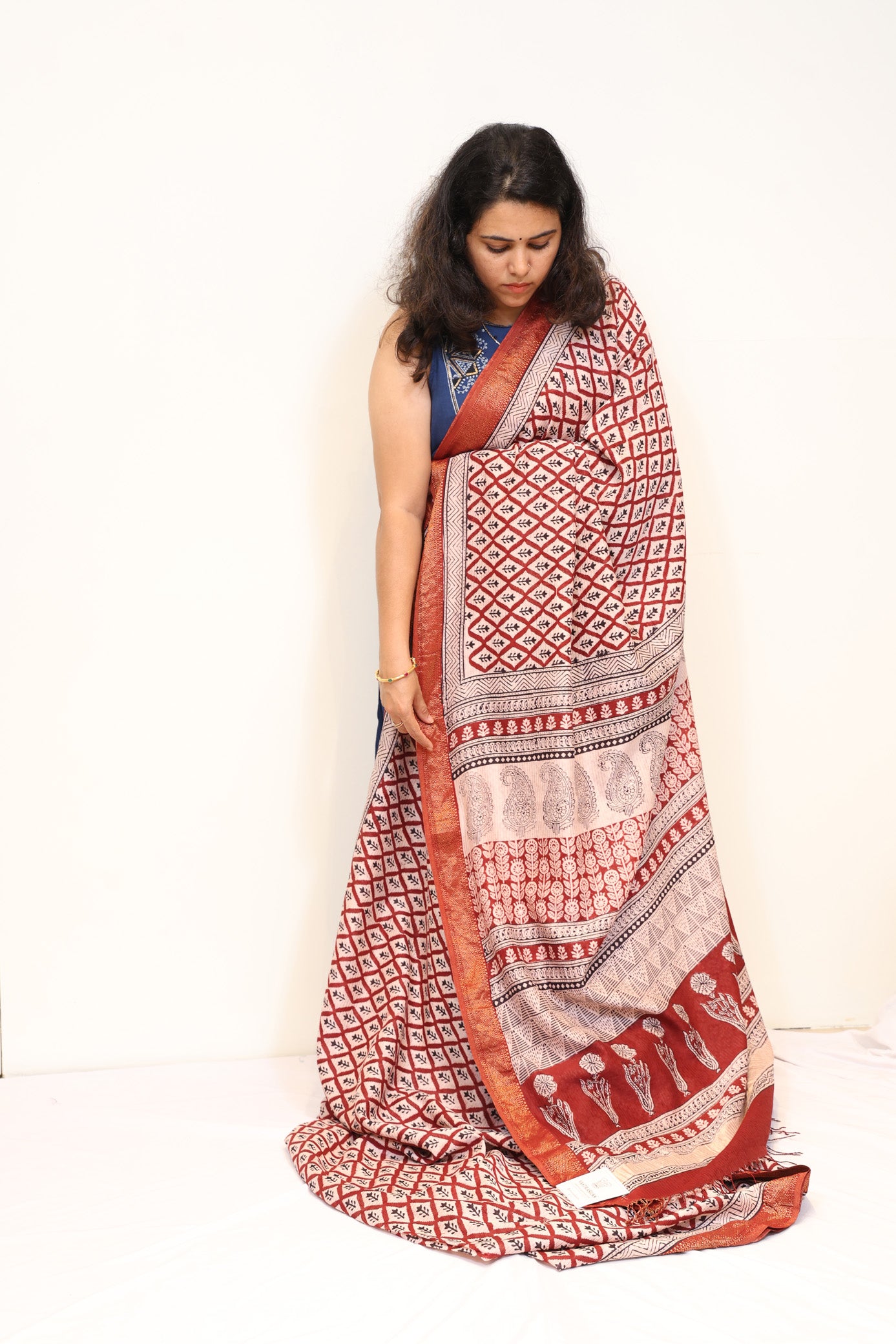 Chanderi Silk Cotton Handblock Printed Saree with Rust Red Border