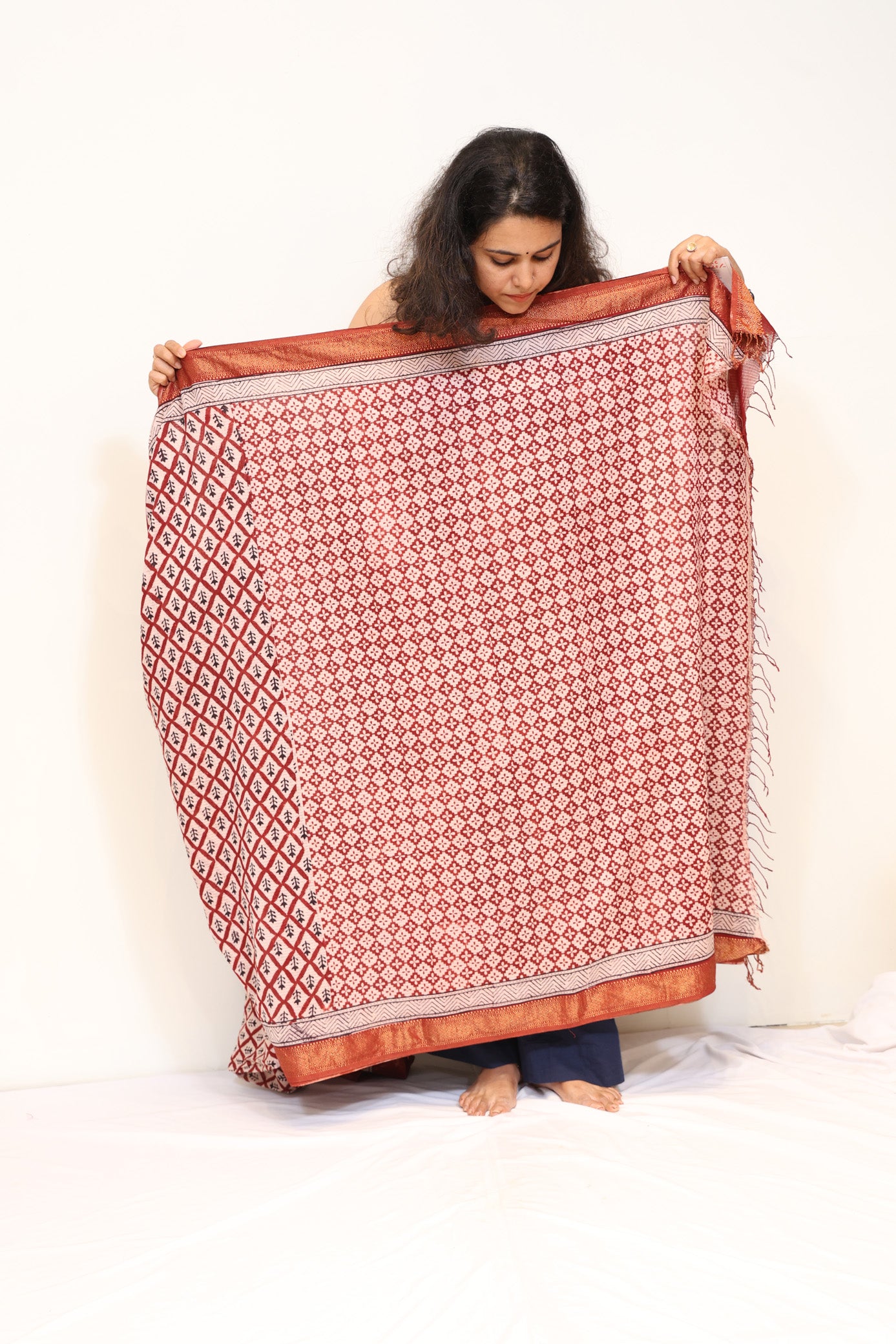 Chanderi Silk Cotton Handblock Printed Saree with Rust Red Border