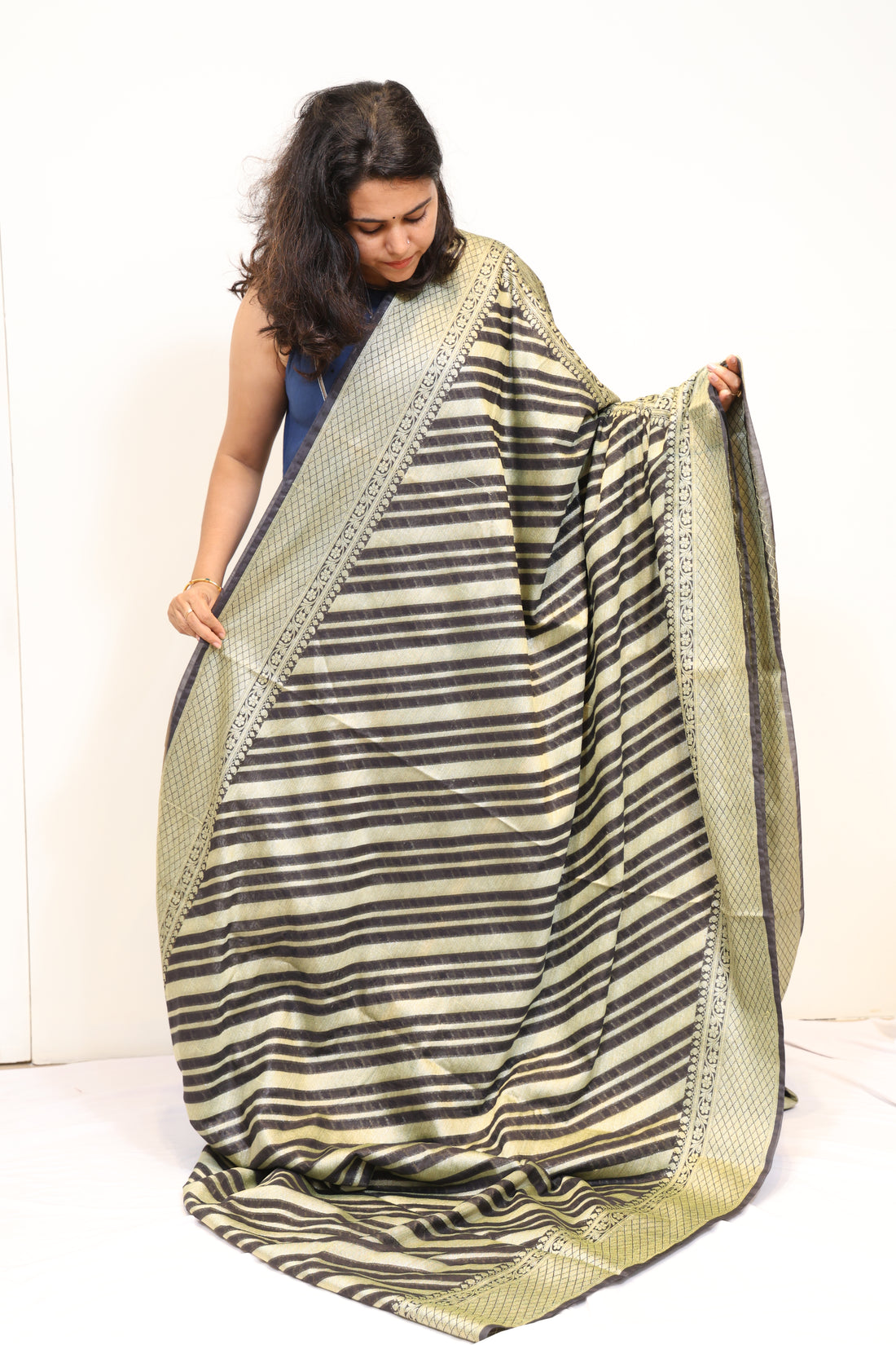 Premium Olive Gold & Black Semi-Georgette Saree with Heavy Zari Work & Designer Border
