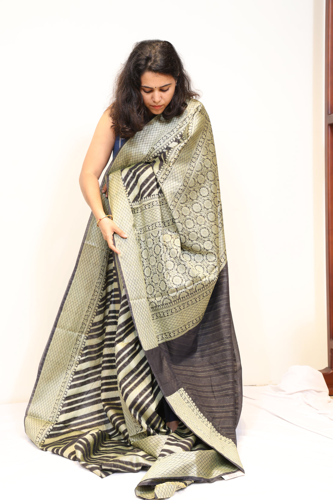 Premium Olive Gold & Black Semi-Georgette Saree with Heavy Zari Work & Designer Border