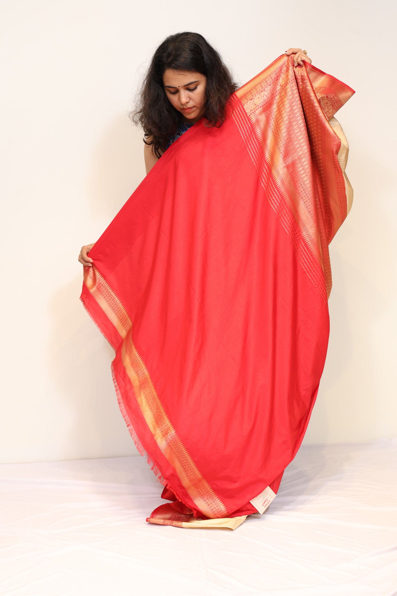 Cream Banarasi Kubera Silk Saree with Coral Red Zari Border
