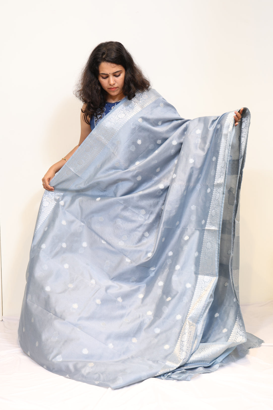 Steel Blue Semi Banarasi Saree with Silver Zari Butta