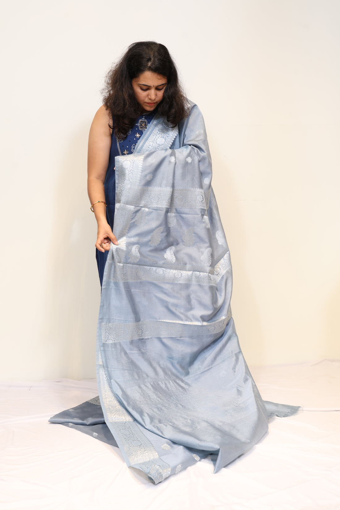 Steel Blue Semi Banarasi Saree with Silver Zari Butta