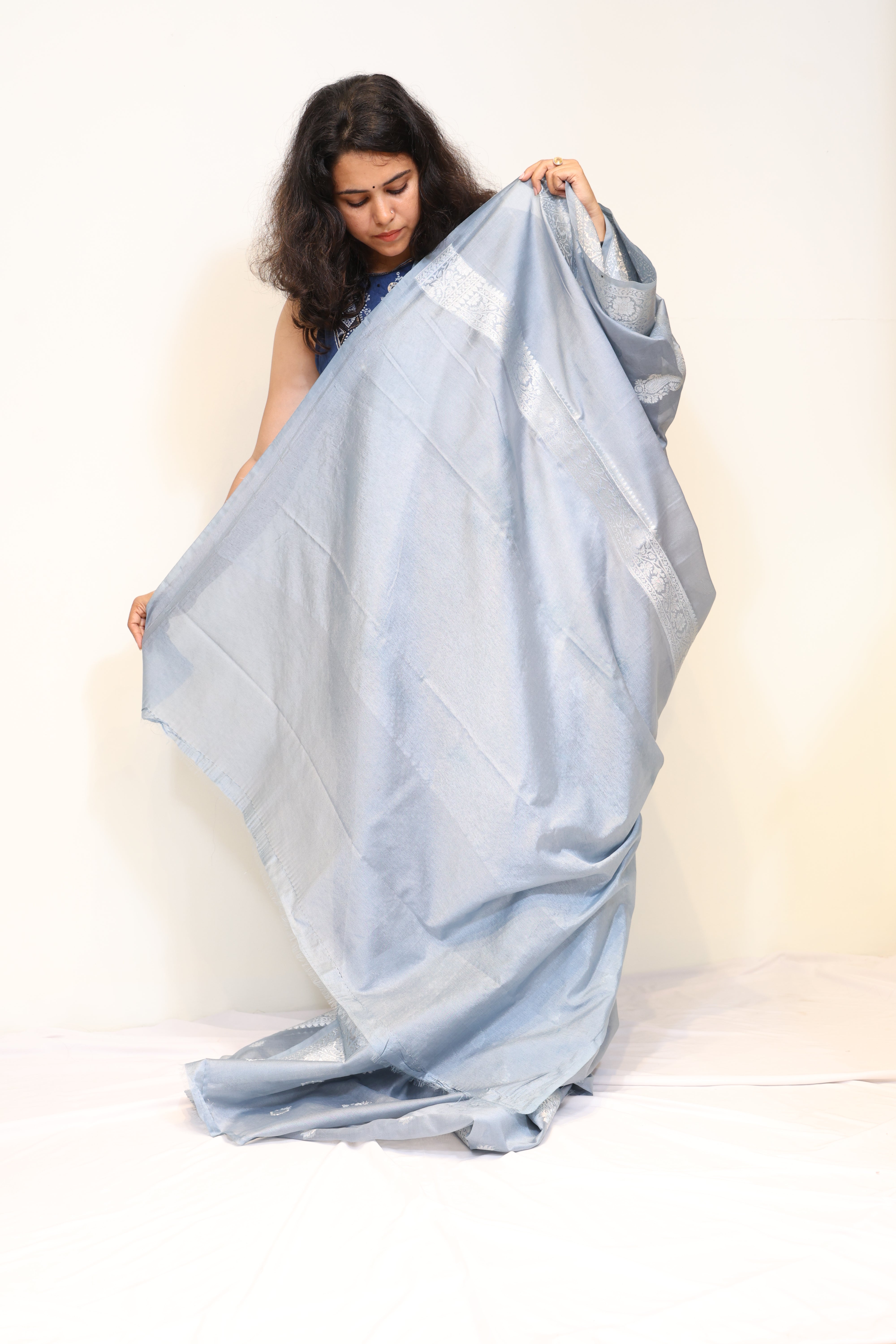 Steel Blue Semi Banarasi Saree with Silver Zari Butta