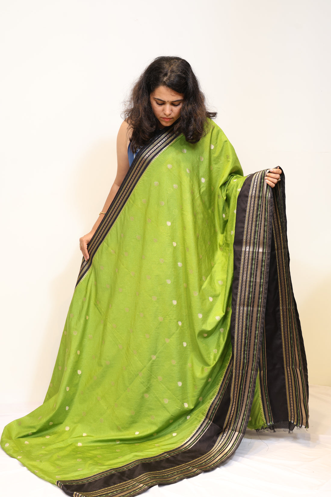 Parrot Green & Black Semi Katan Banarasi Saree with Vintage Copper Zari Weaving