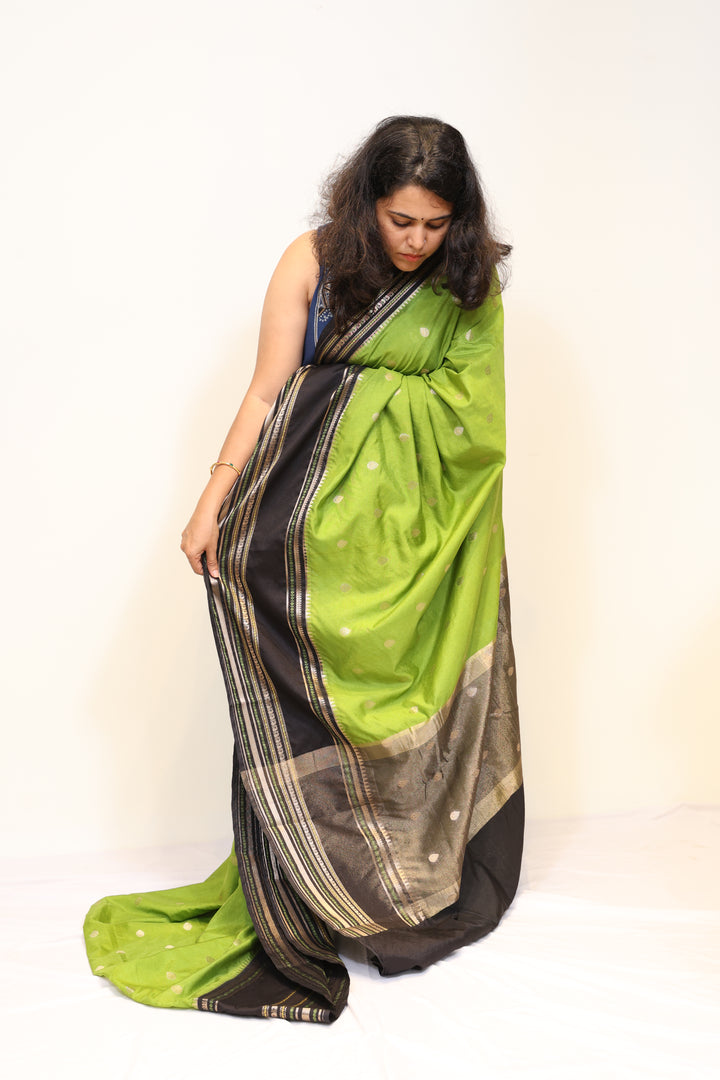 Parrot Green & Black Semi Katan Banarasi Saree with Vintage Copper Zari Weaving
