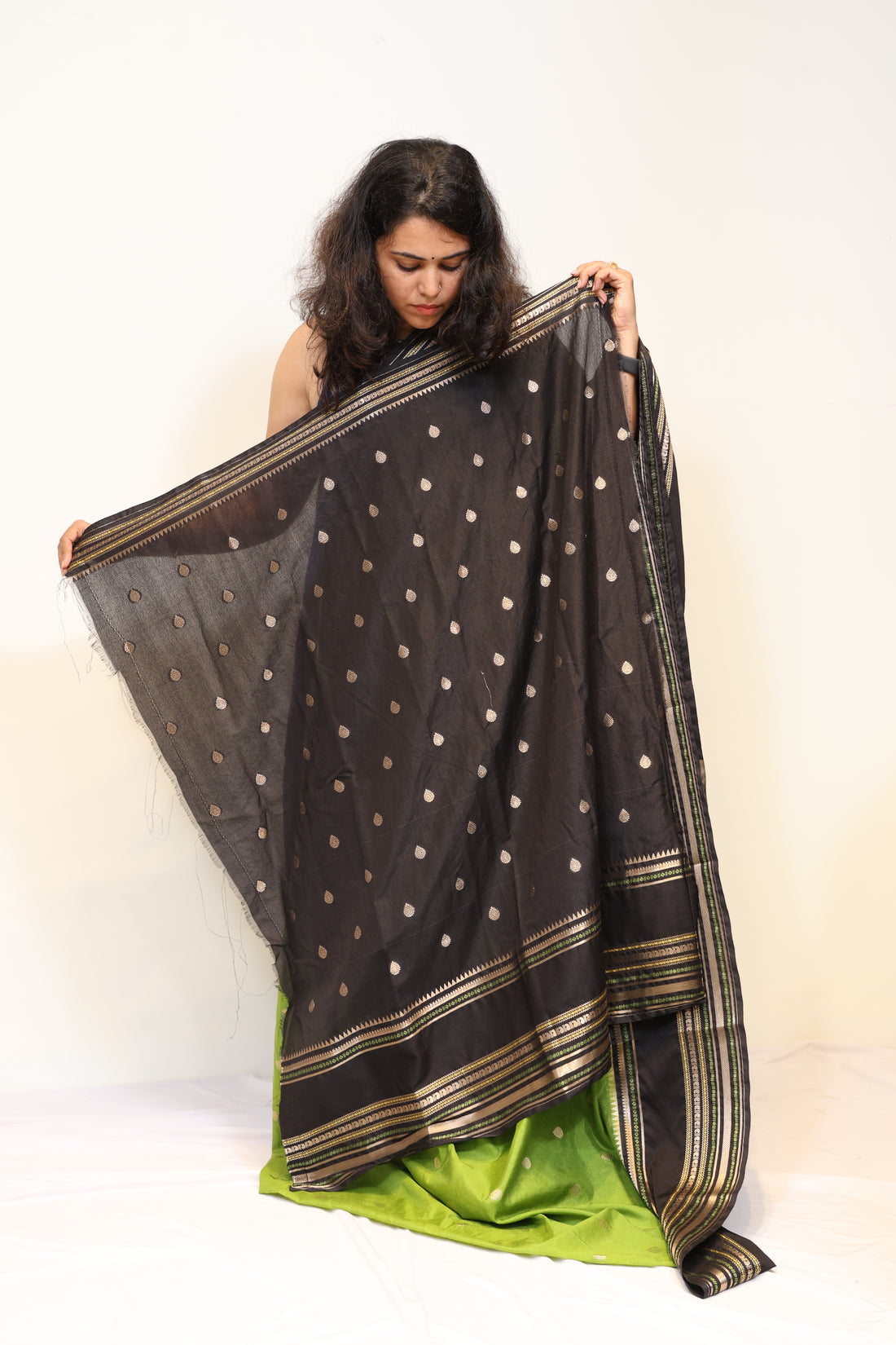 Parrot Green & Black Semi Katan Banarasi Saree with Vintage Copper Zari Weaving