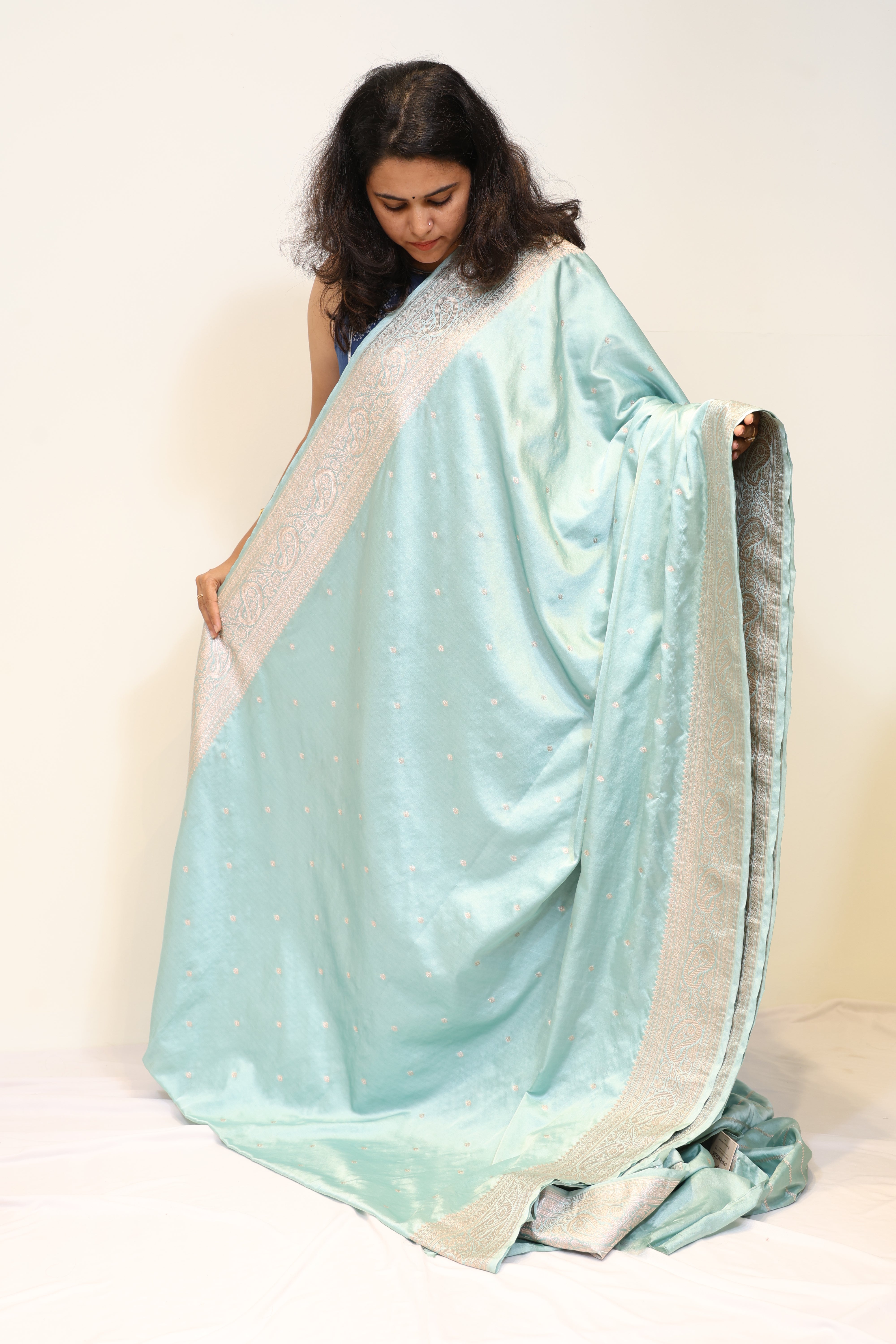 Sea Green Pure Banarasi Mashru Silk Saree with Elegant Zari Border