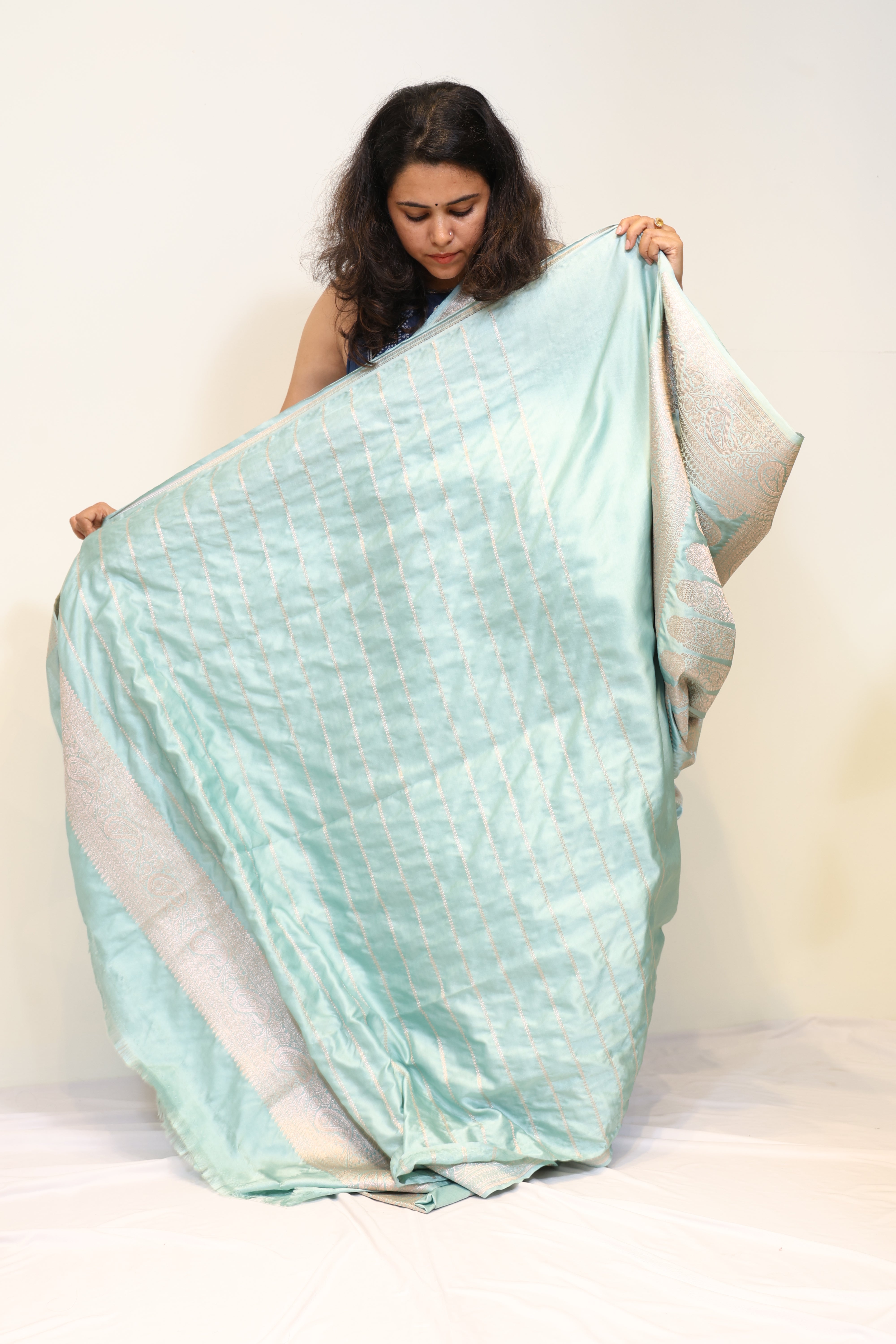 Sea Green Pure Banarasi Mashru Silk Saree with Elegant Zari Border