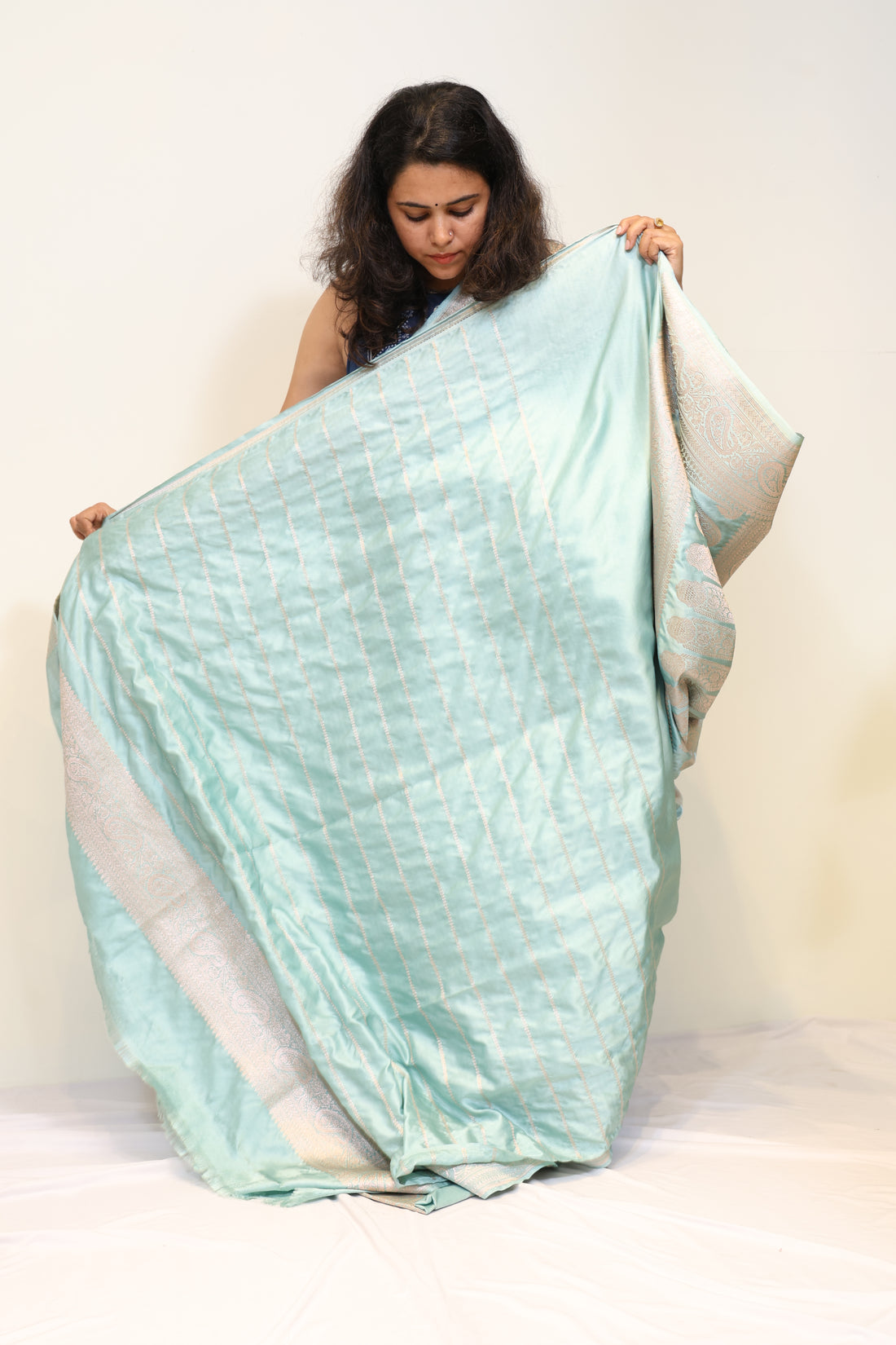 Sea Green Pure Banarasi Mashru Silk Saree with Elegant Zari Border