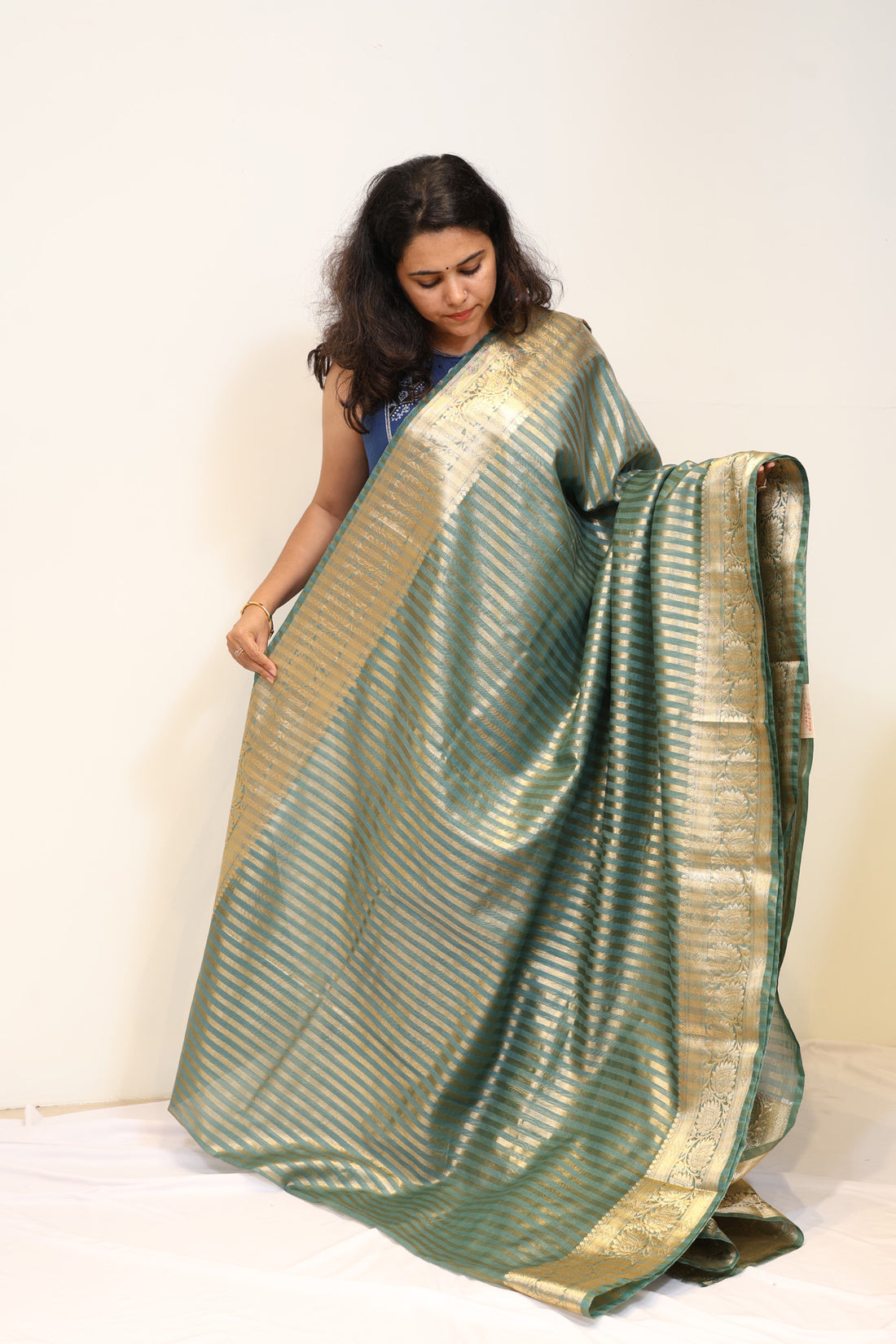 Sea Green Mango Silk Saree with Golden Stripes