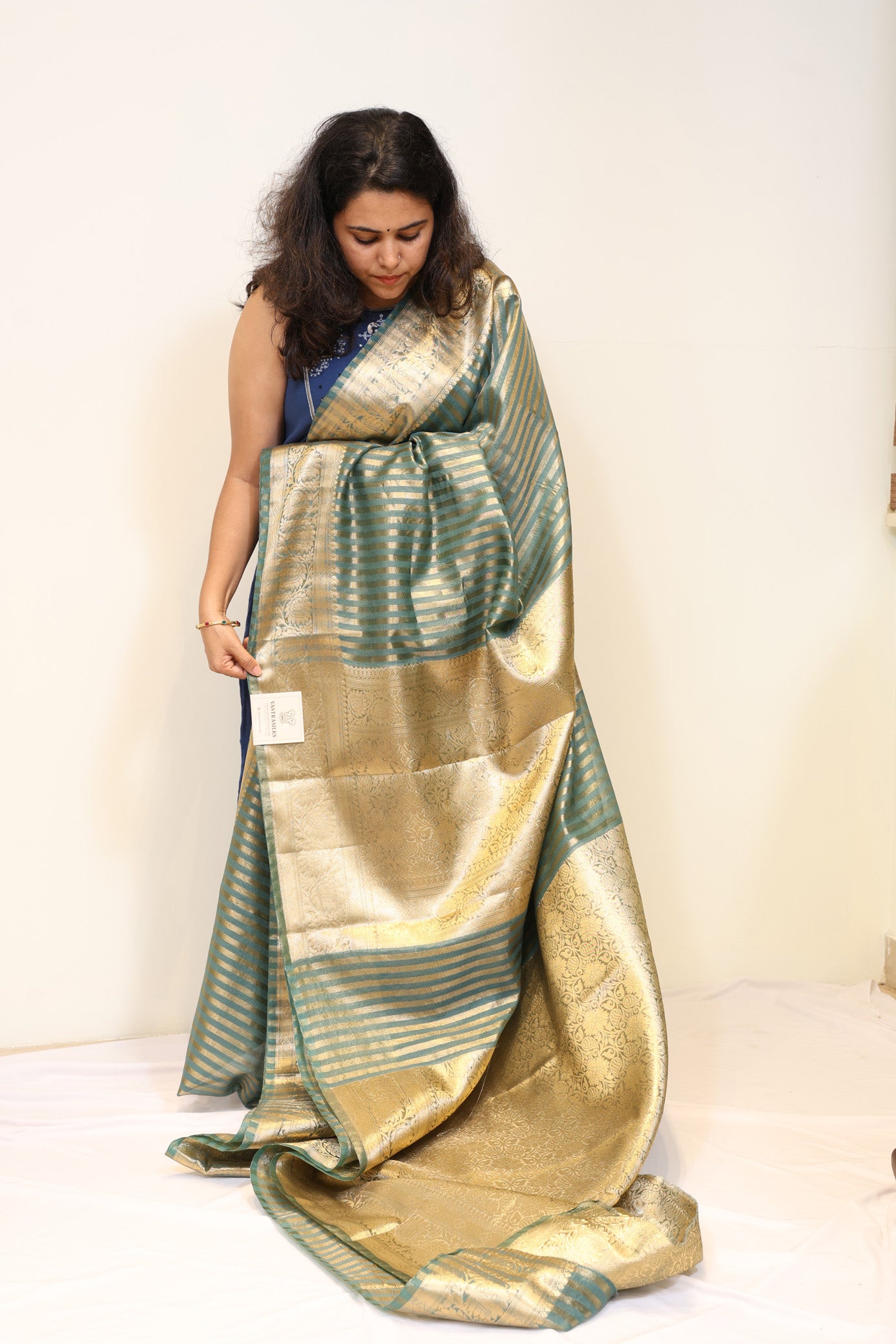 Sea Green Mango Silk Saree with Golden Stripes