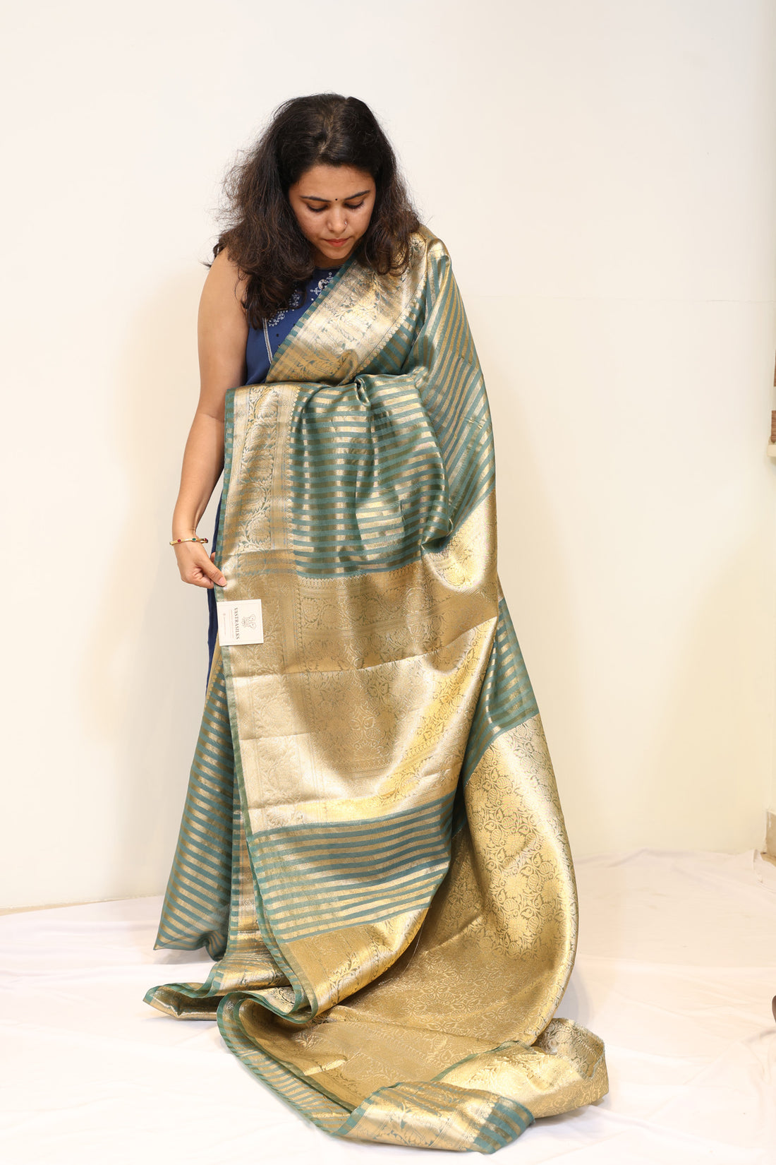 Sea Green Mango Silk Saree with Golden Stripes