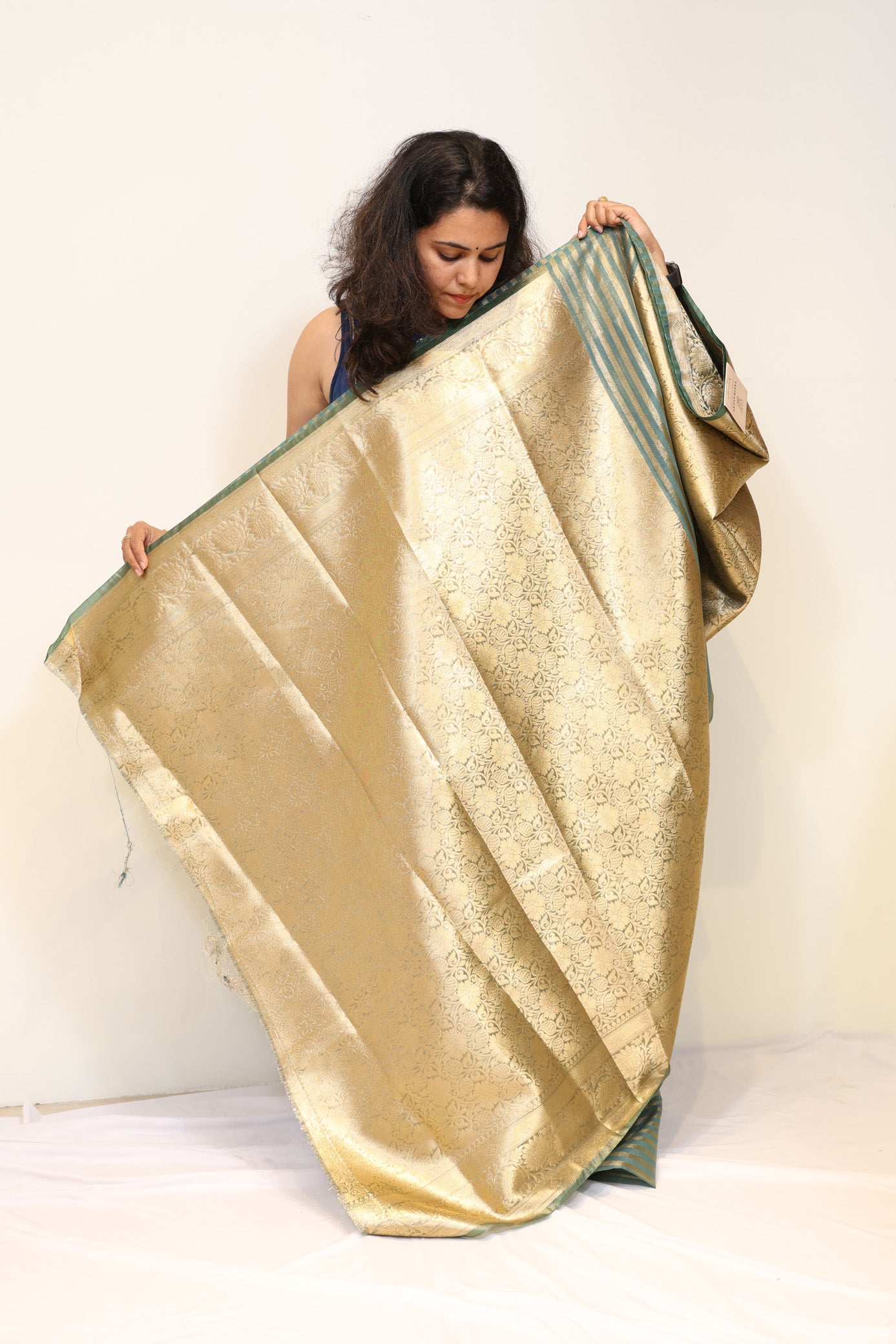 Sea Green Mango Silk Saree with Golden Stripes