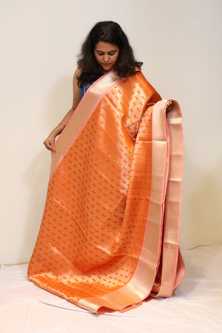 Peach Orange Semi Katan Saree