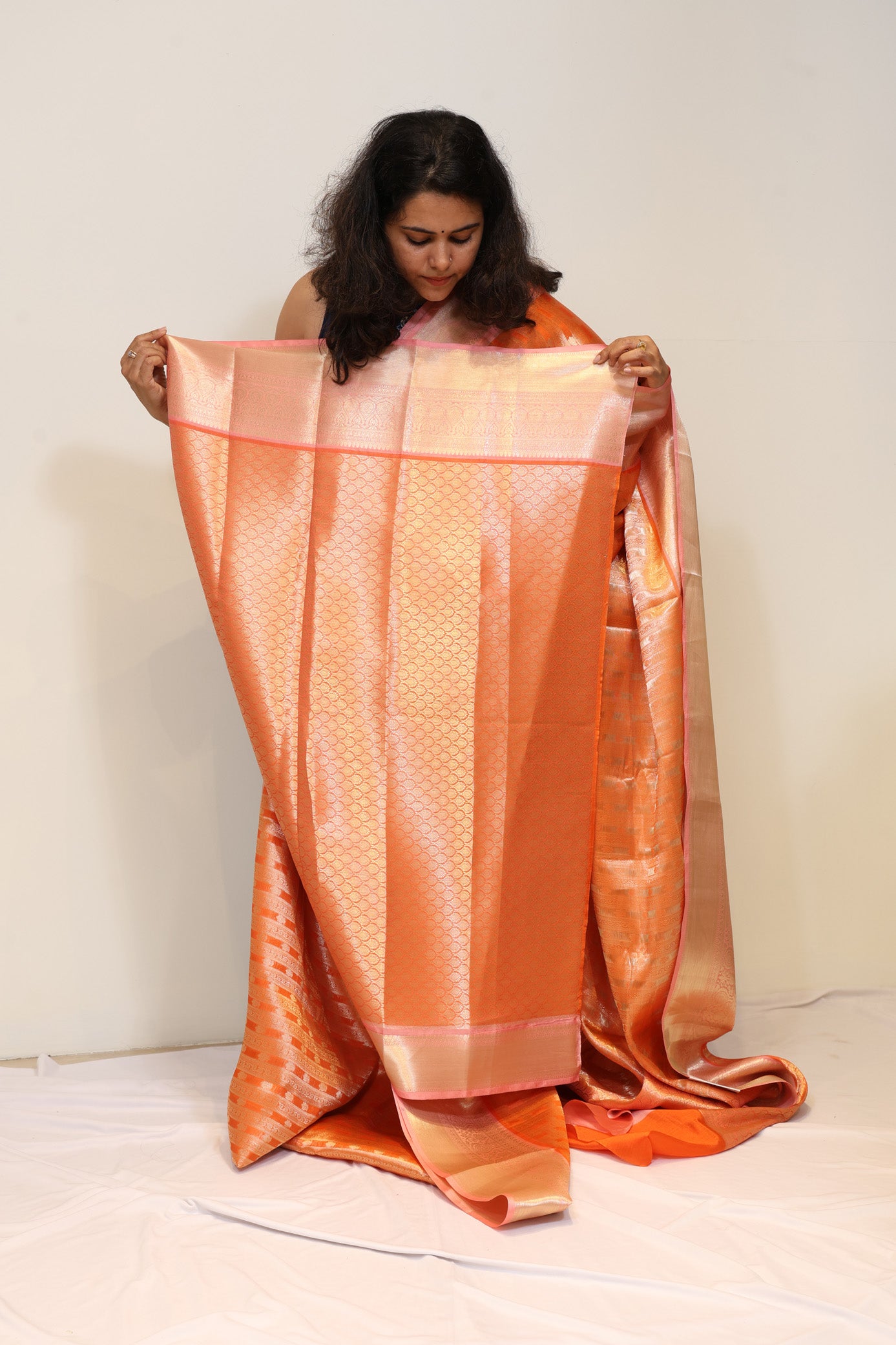 Peach Orange Semi Katan Saree
