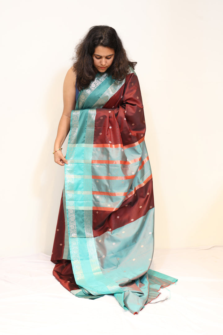 Maroon Semi Katan Saree with Aqua Blue Zari Border