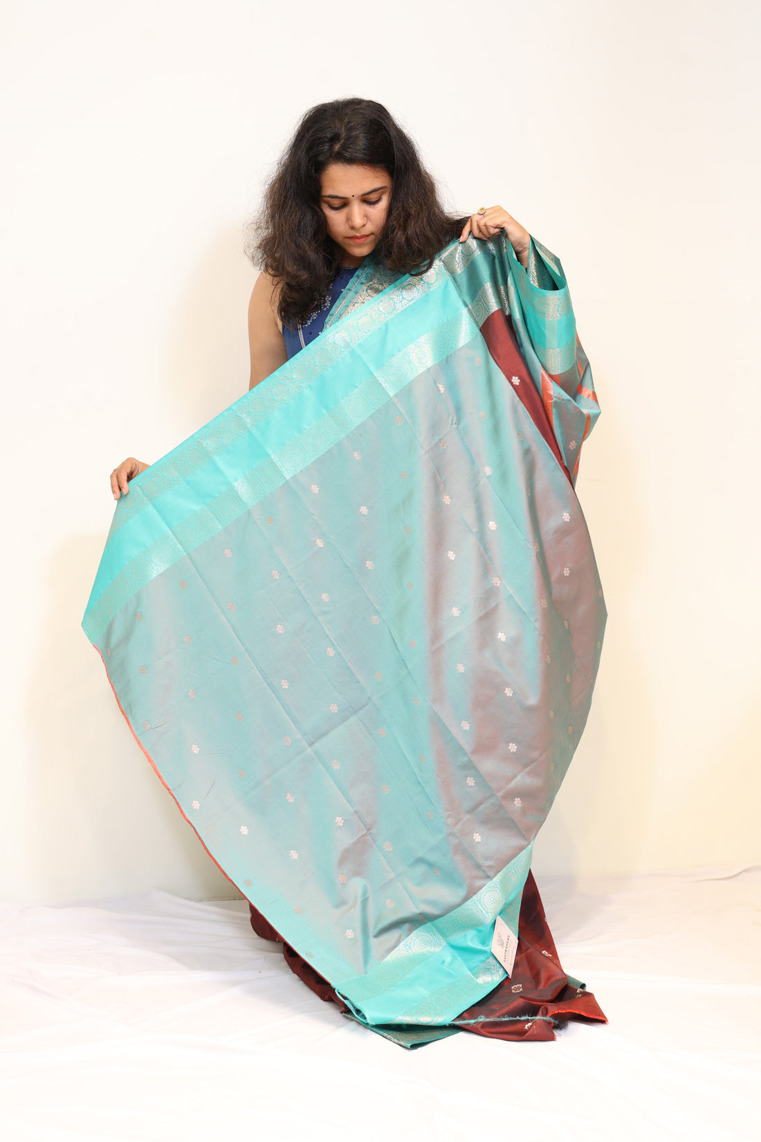 Maroon Semi Katan Saree with Aqua Blue Zari Border