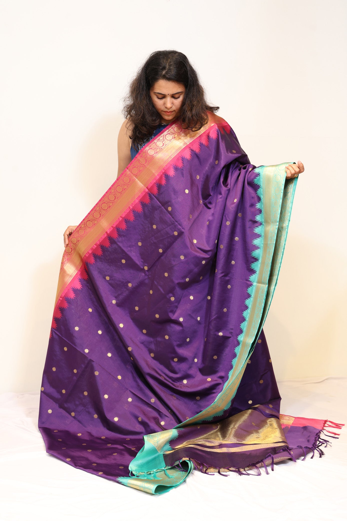 Purple Organza Tissue Saree with Pink and Aqua Blue Borders