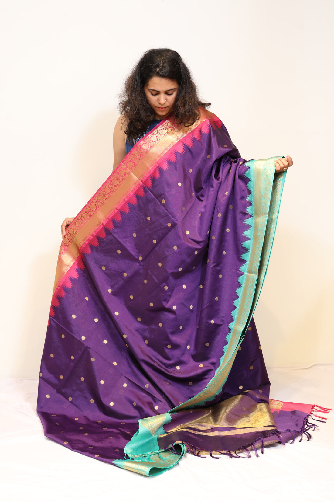 Purple Organza Tissue Saree with Pink and Aqua Blue Borders