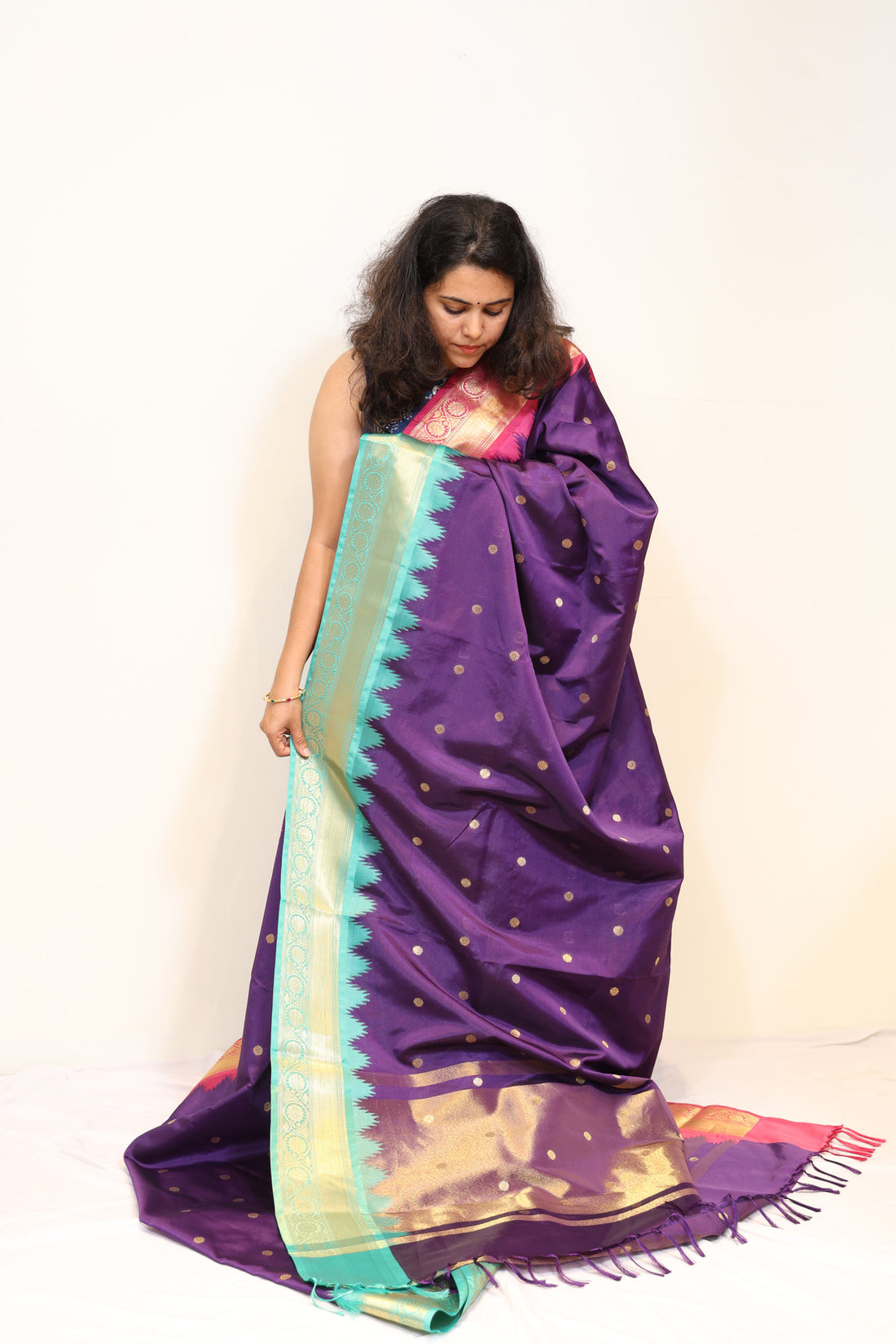 Purple Organza Tissue Saree with Pink and Aqua Blue Borders