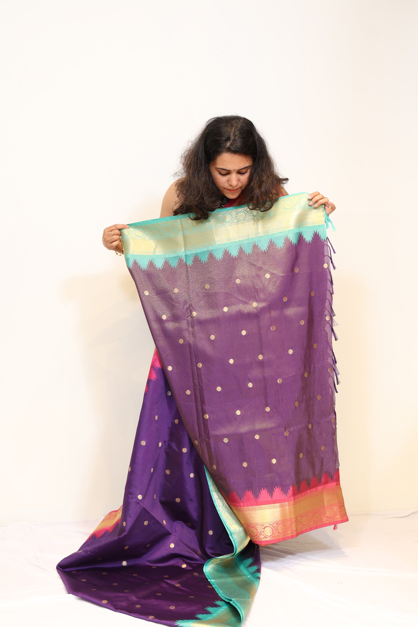 Purple Organza Tissue Saree with Pink and Aqua Blue Borders
