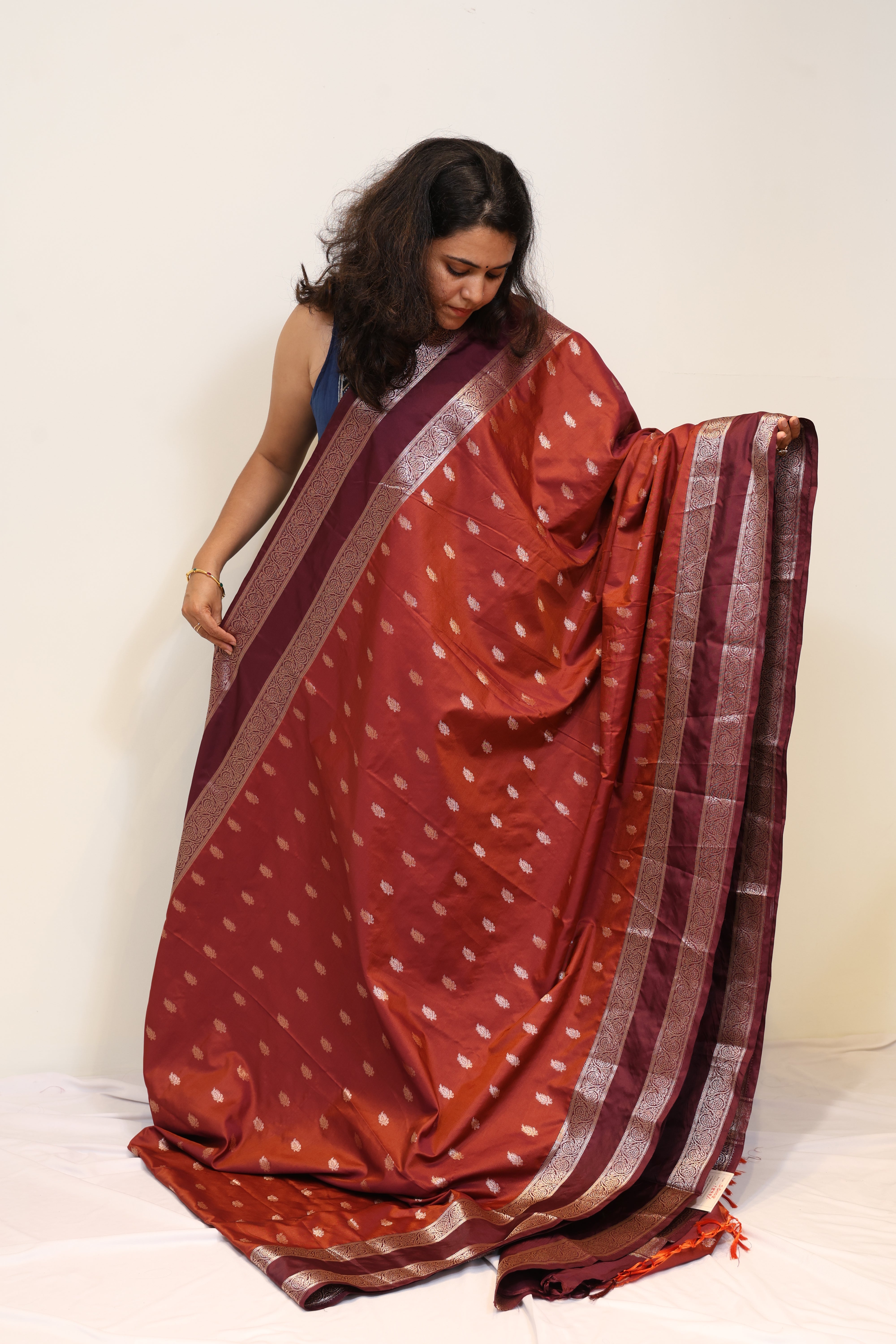 Banarasi Rusty Orange Semi Katan Saree with Coffee Brown Retta Butta Border