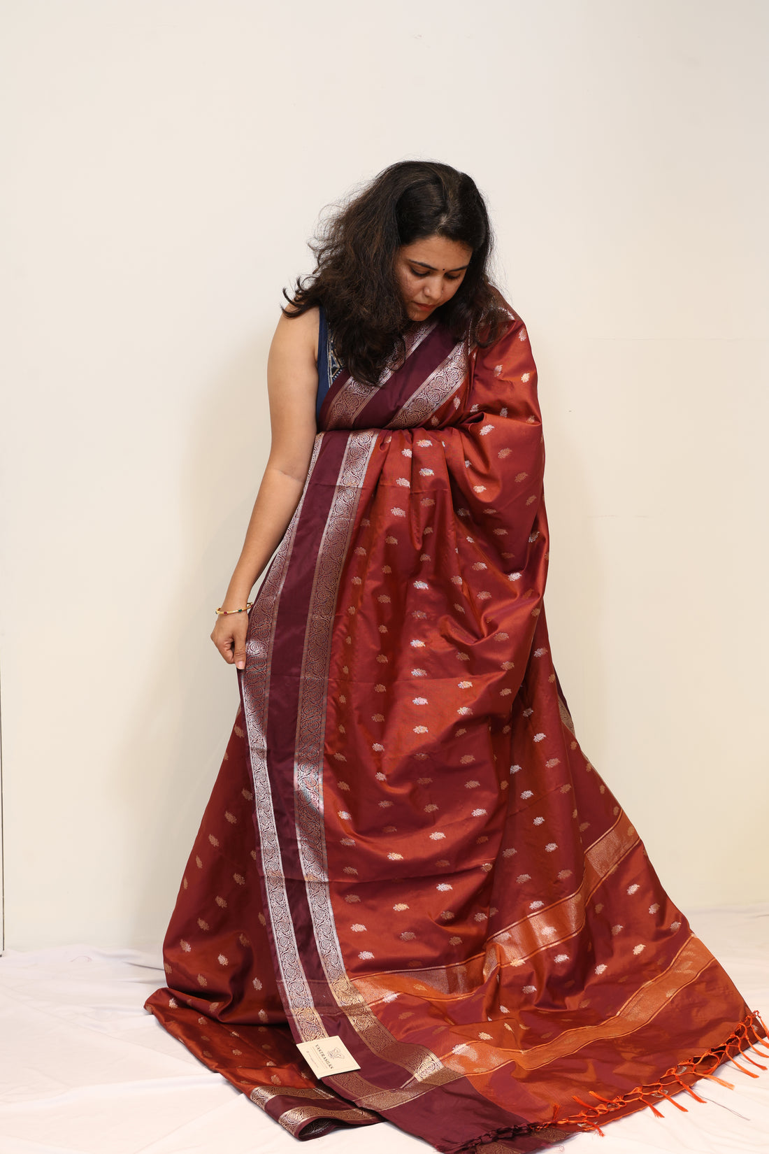 Banarasi Rusty Orange Semi Katan Saree with Coffee Brown Retta Butta Border