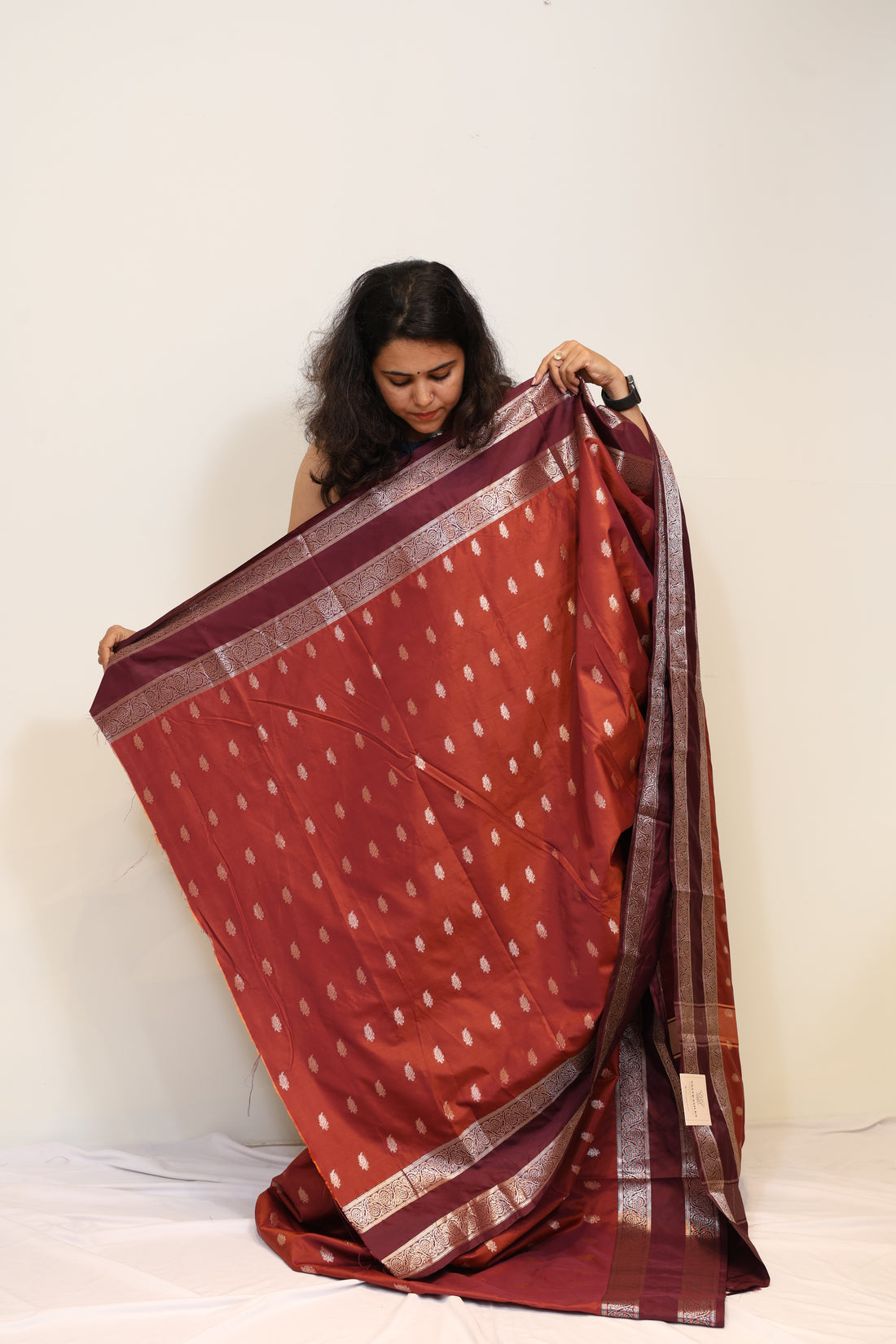 Banarasi Rusty Orange Semi Katan Saree with Coffee Brown Retta Butta Border