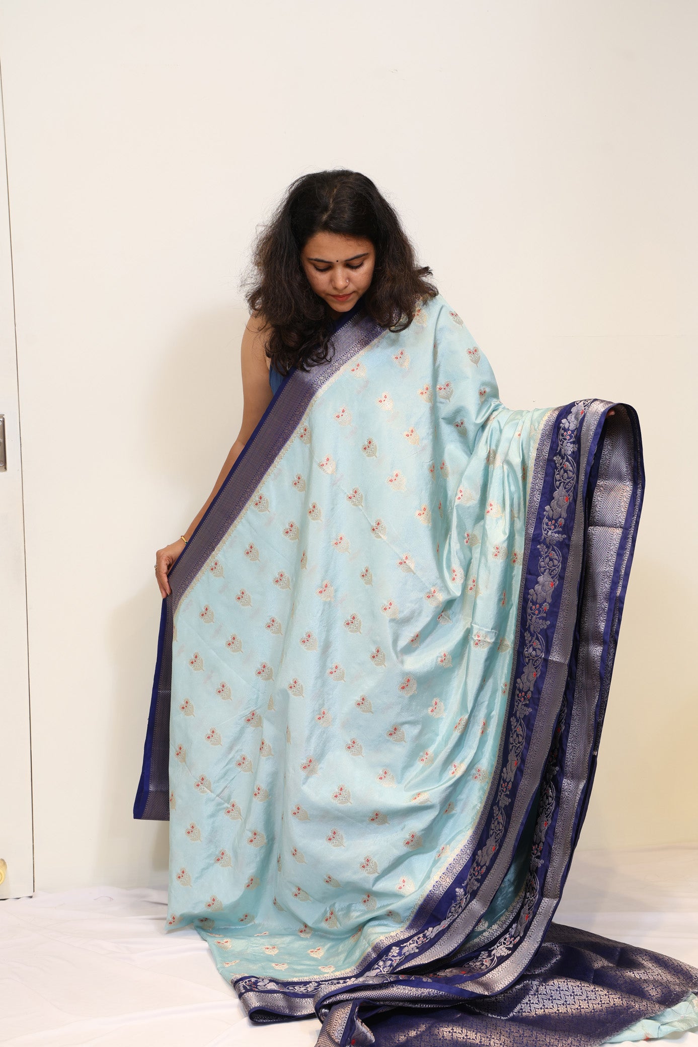 Pastel Blue Semi Katan Saree with Navy Blue Zari Border
