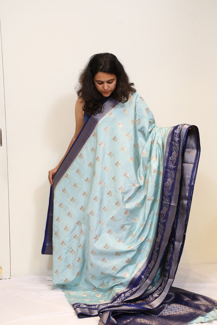 Pastel Blue Semi Katan Saree with Navy Blue Zari Border