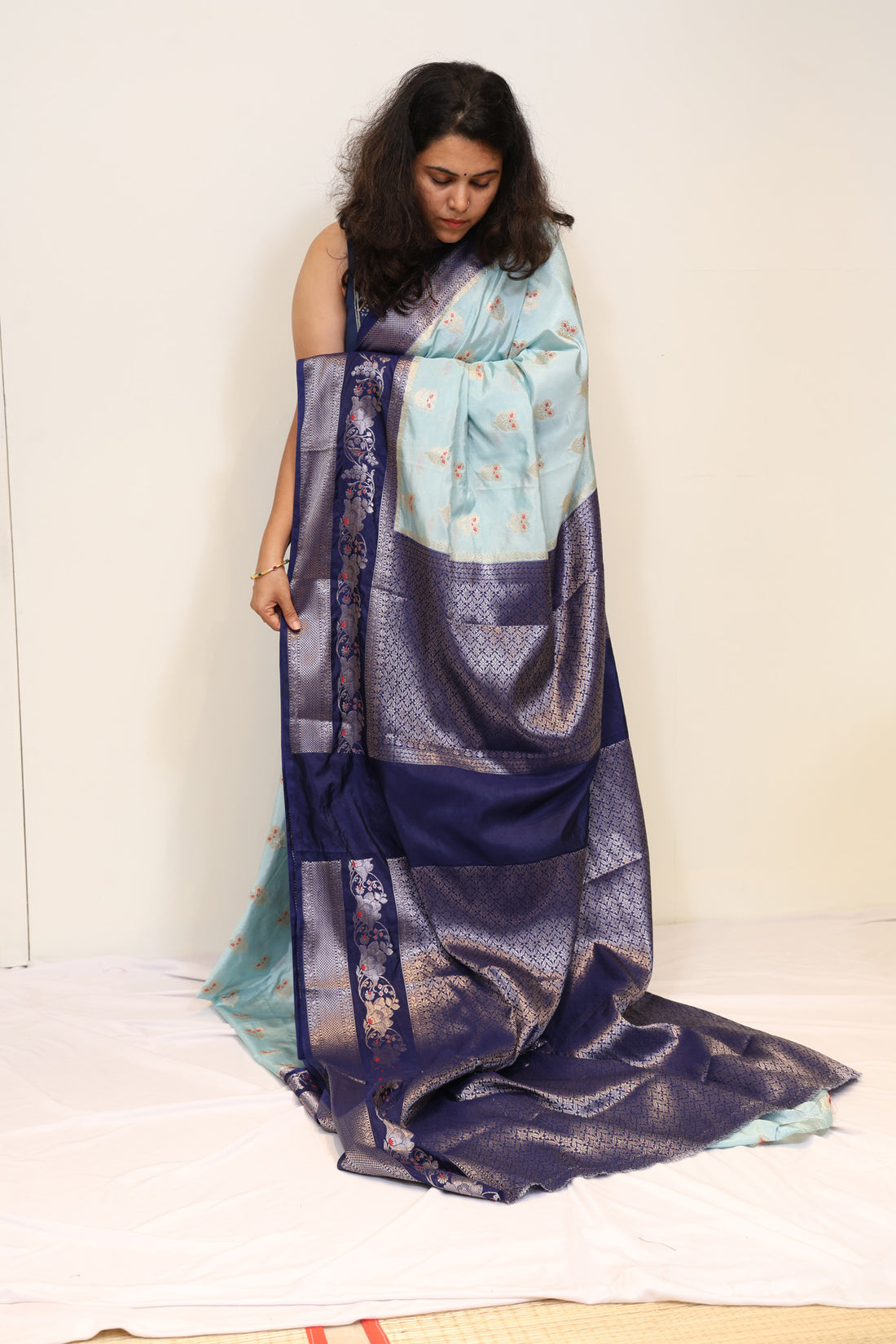 Pastel Blue Semi Katan Saree with Navy Blue Zari Border