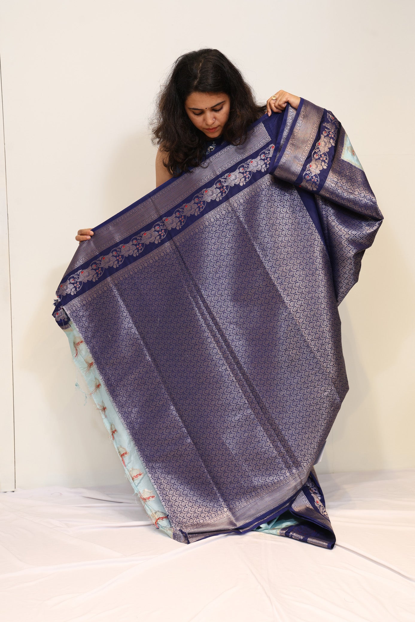 Pastel Blue Semi Katan Saree with Navy Blue Zari Border