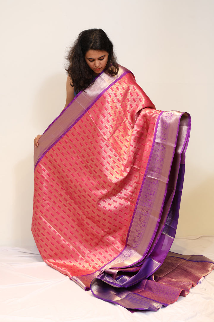 Coral Pink Double Zari Tissue Cotton Saree with Purple Border