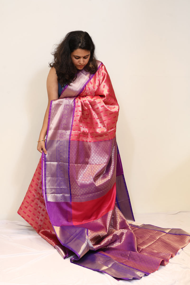 Coral Pink Double Zari Tissue Cotton Saree with Purple Border