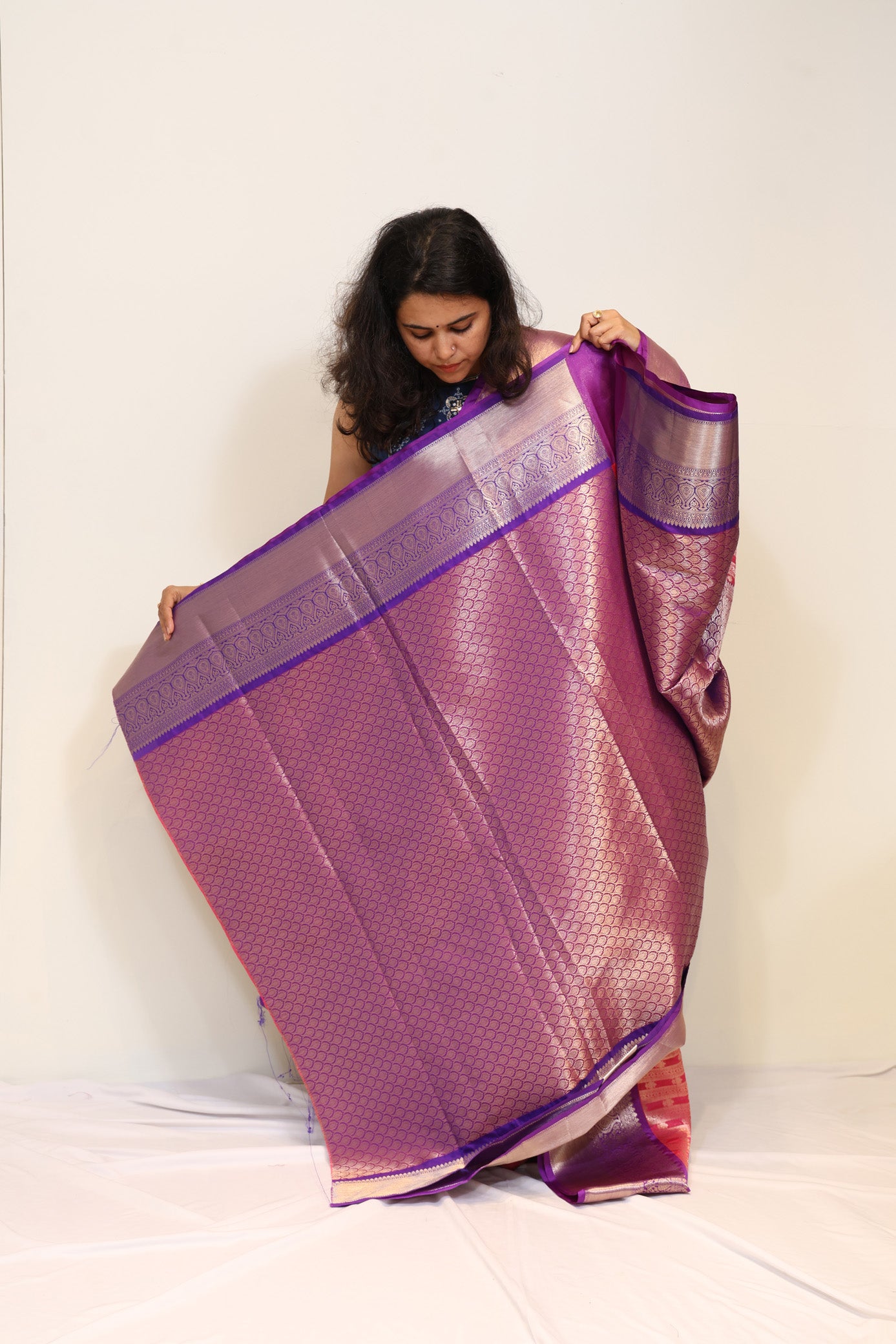 Coral Pink Double Zari Tissue Cotton Saree with Purple Border