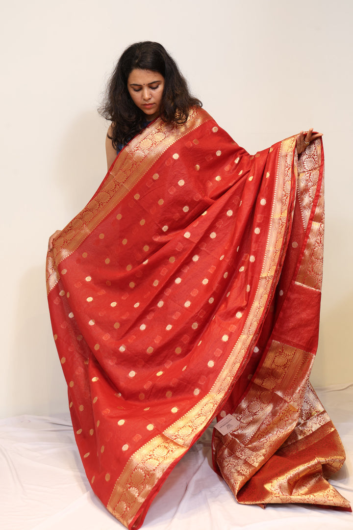 Red Banarasi Mul Cotton Saree with Golden Zari Border