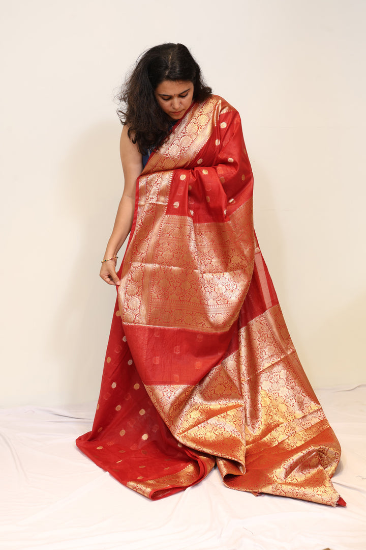 Red Banarasi Mul Cotton Saree with Golden Zari Border