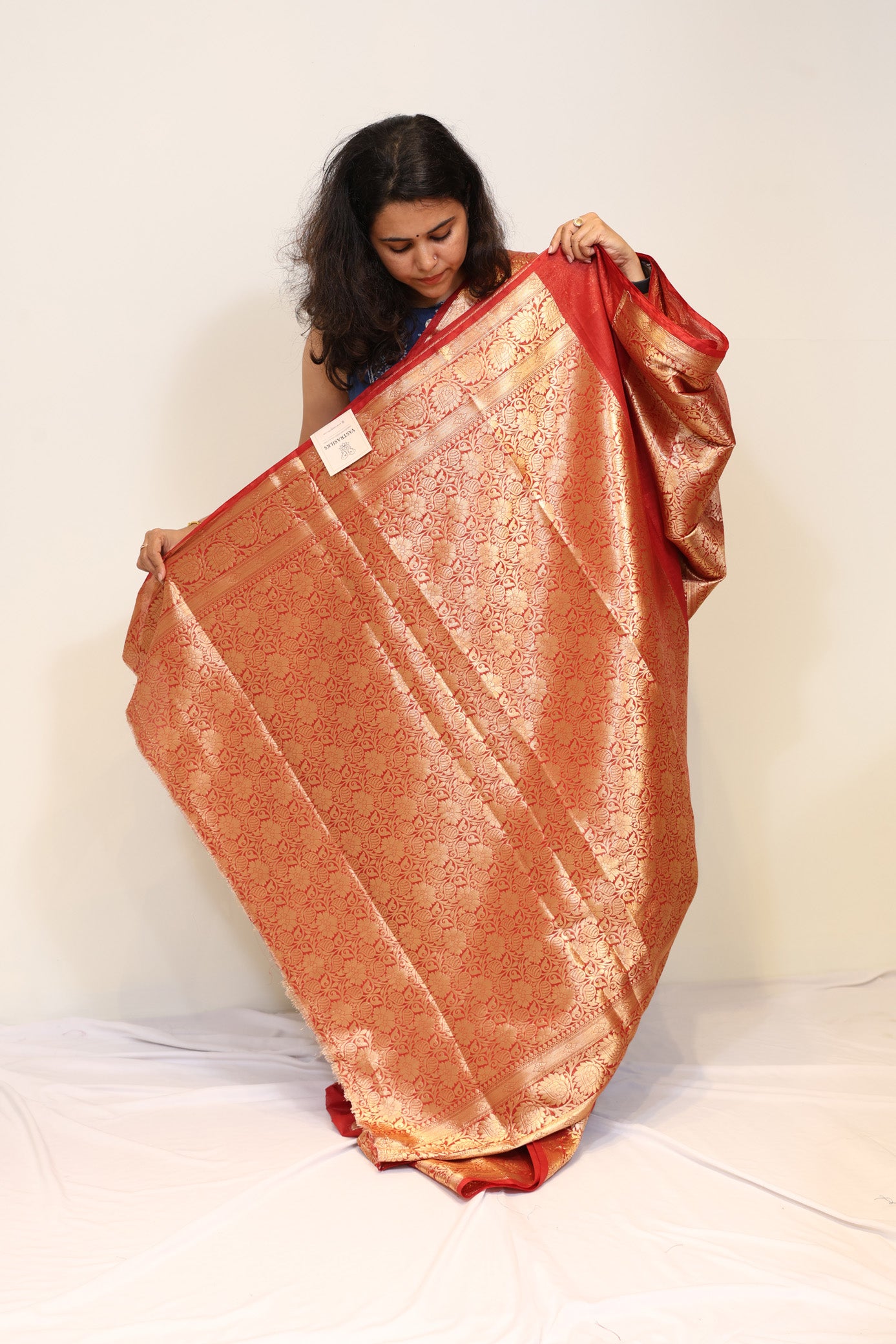 Red Banarasi Mul Cotton Saree with Golden Zari Border