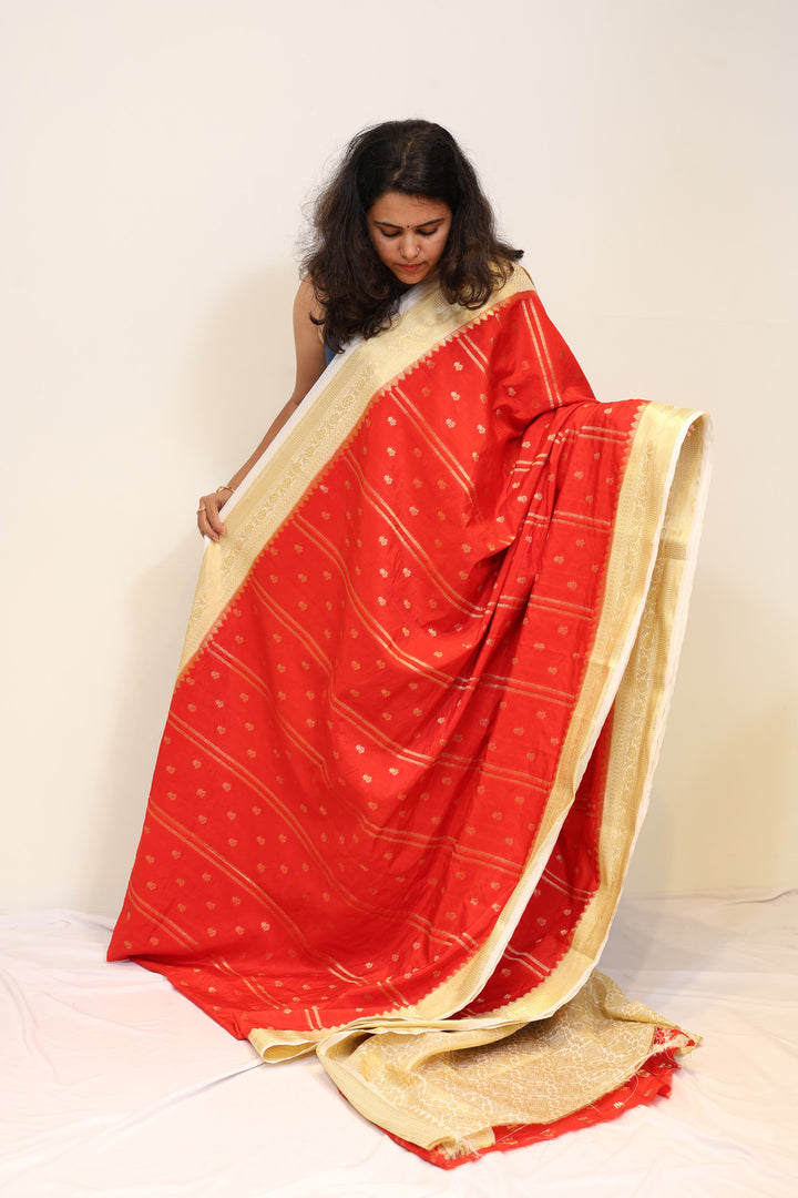 Red Mango Silk Saree with Golden Zari Border