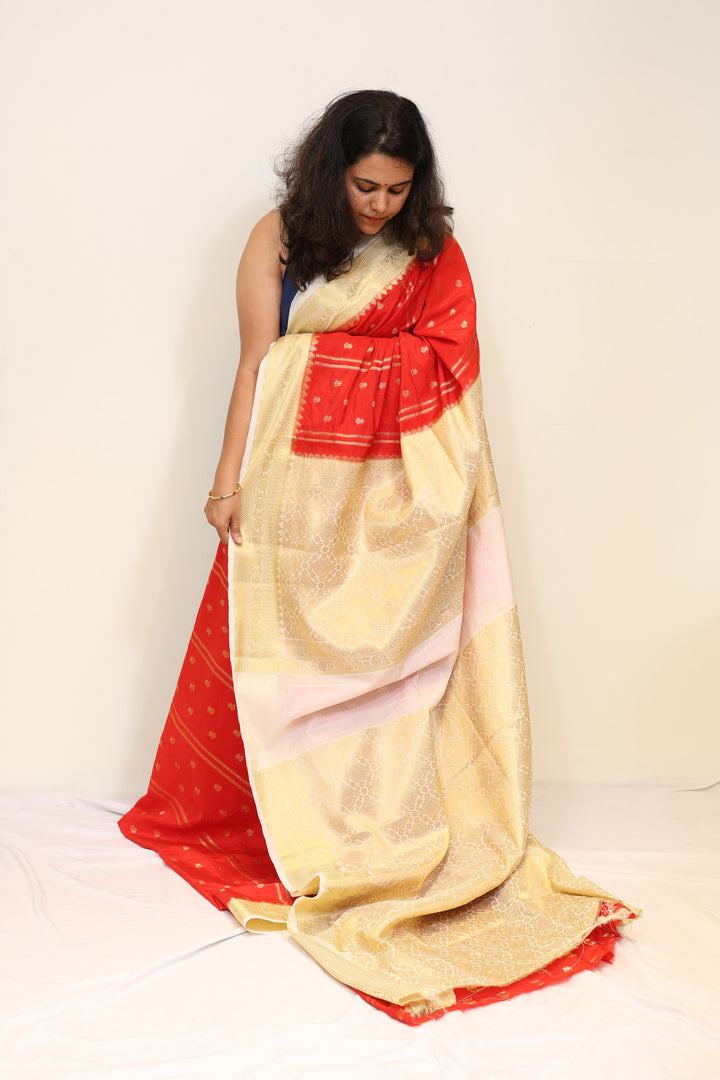 Red Mango Silk Saree with Golden Zari Border
