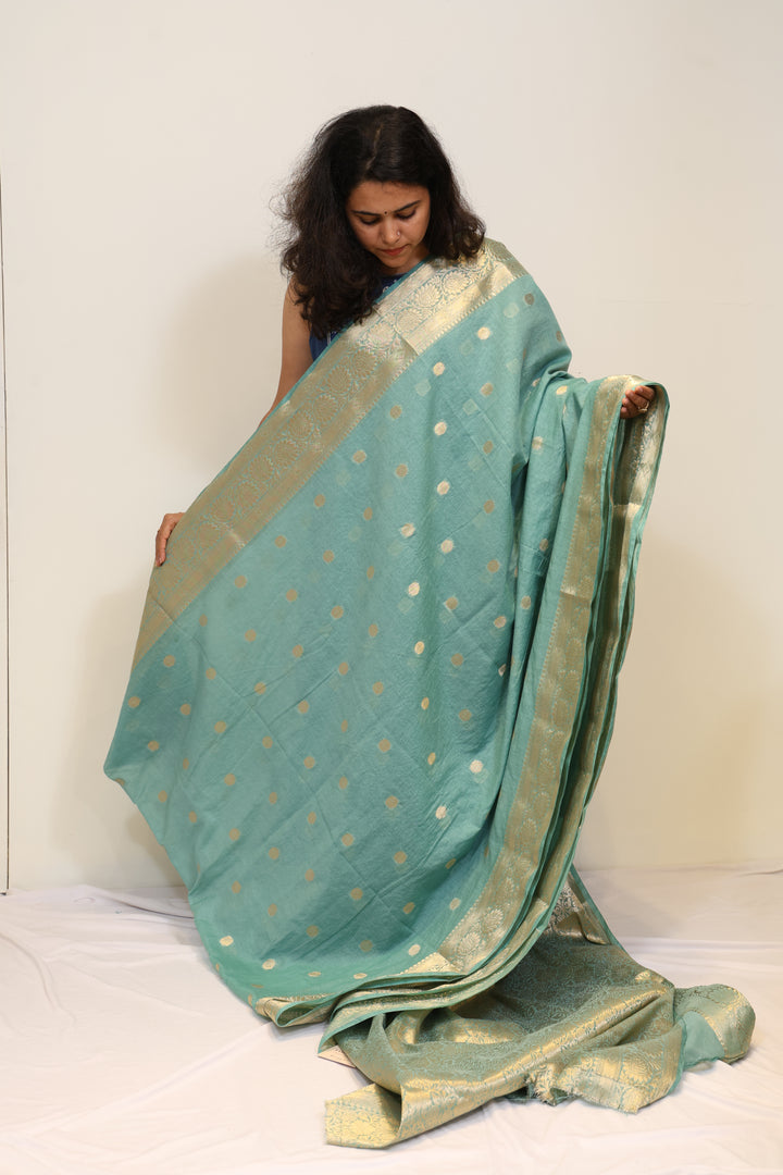 Teal Green Banarasi Mul Cotton Saree with Rich Golden Zari Border