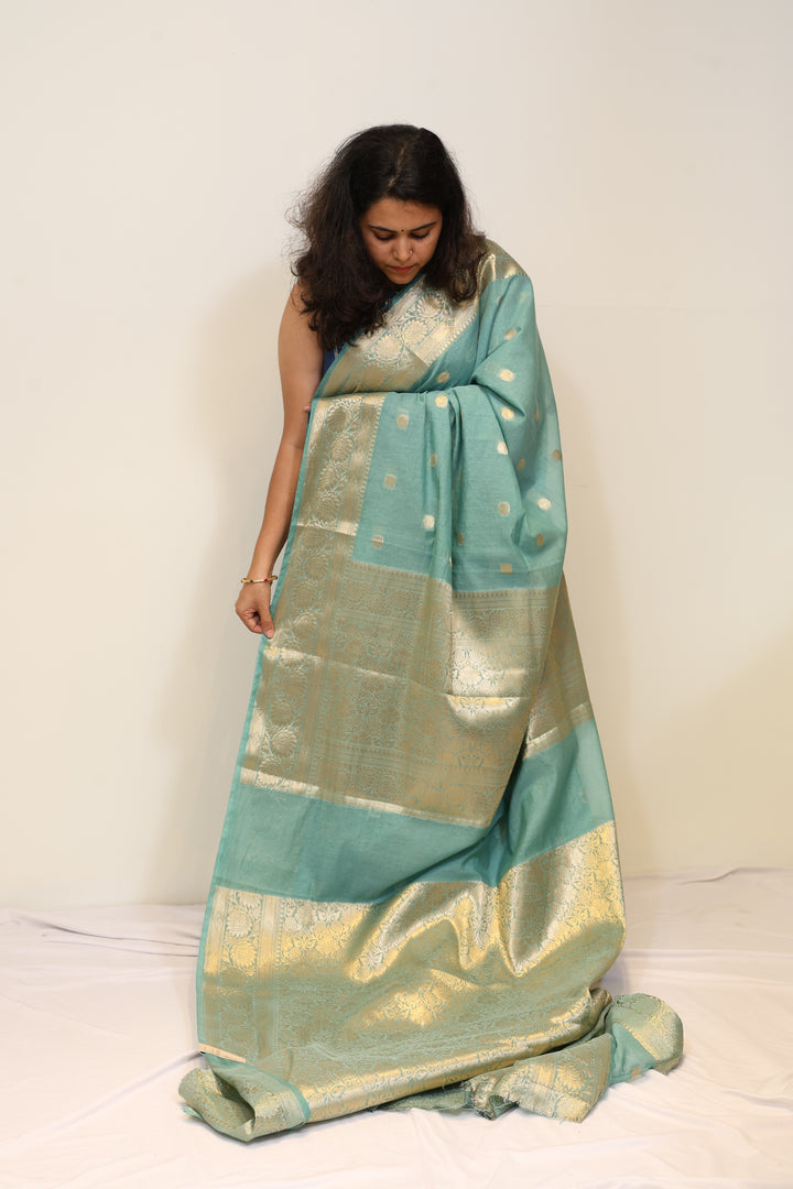 Teal Green Banarasi Mul Cotton Saree with Rich Golden Zari Border