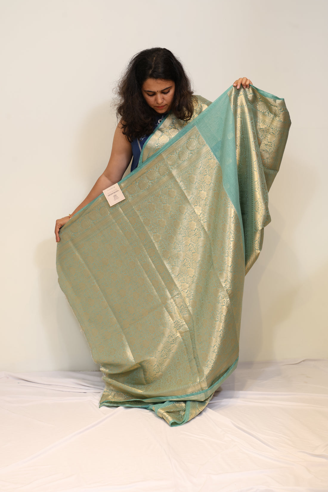 Teal Green Banarasi Mul Cotton Saree with Rich Golden Zari Border