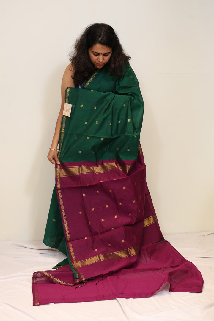 Bottle Green Semi Maheshwari Saree with Magenta Contrast Pallu