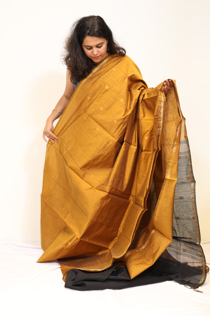 Mustard Gold Semi Maheshwari Saree with Black Contrast Pallu