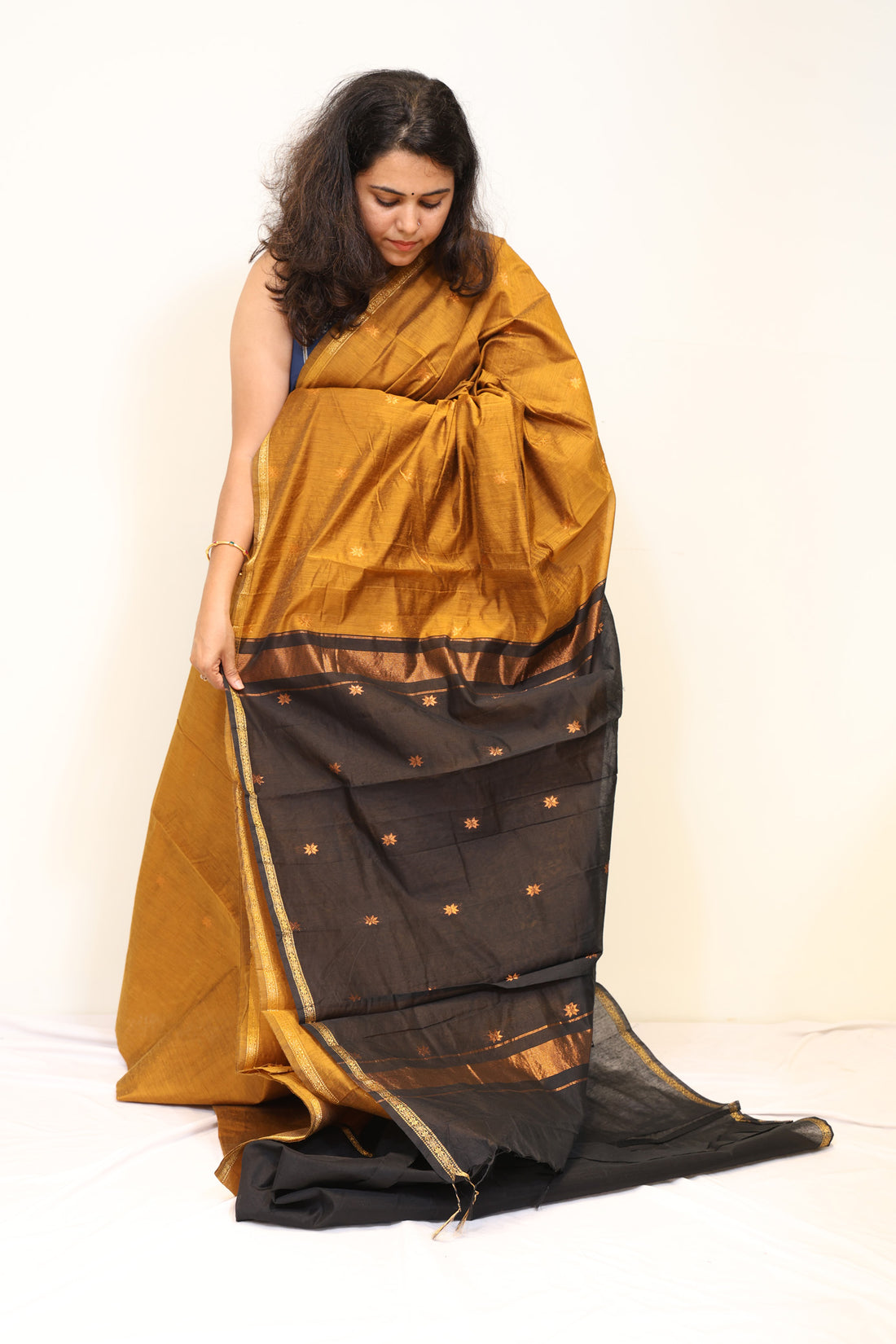 Mustard Gold Semi Maheshwari Saree with Black Contrast Pallu