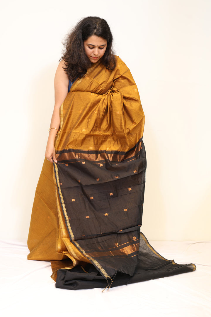 Mustard Gold Semi Maheshwari Saree with Black Contrast Pallu