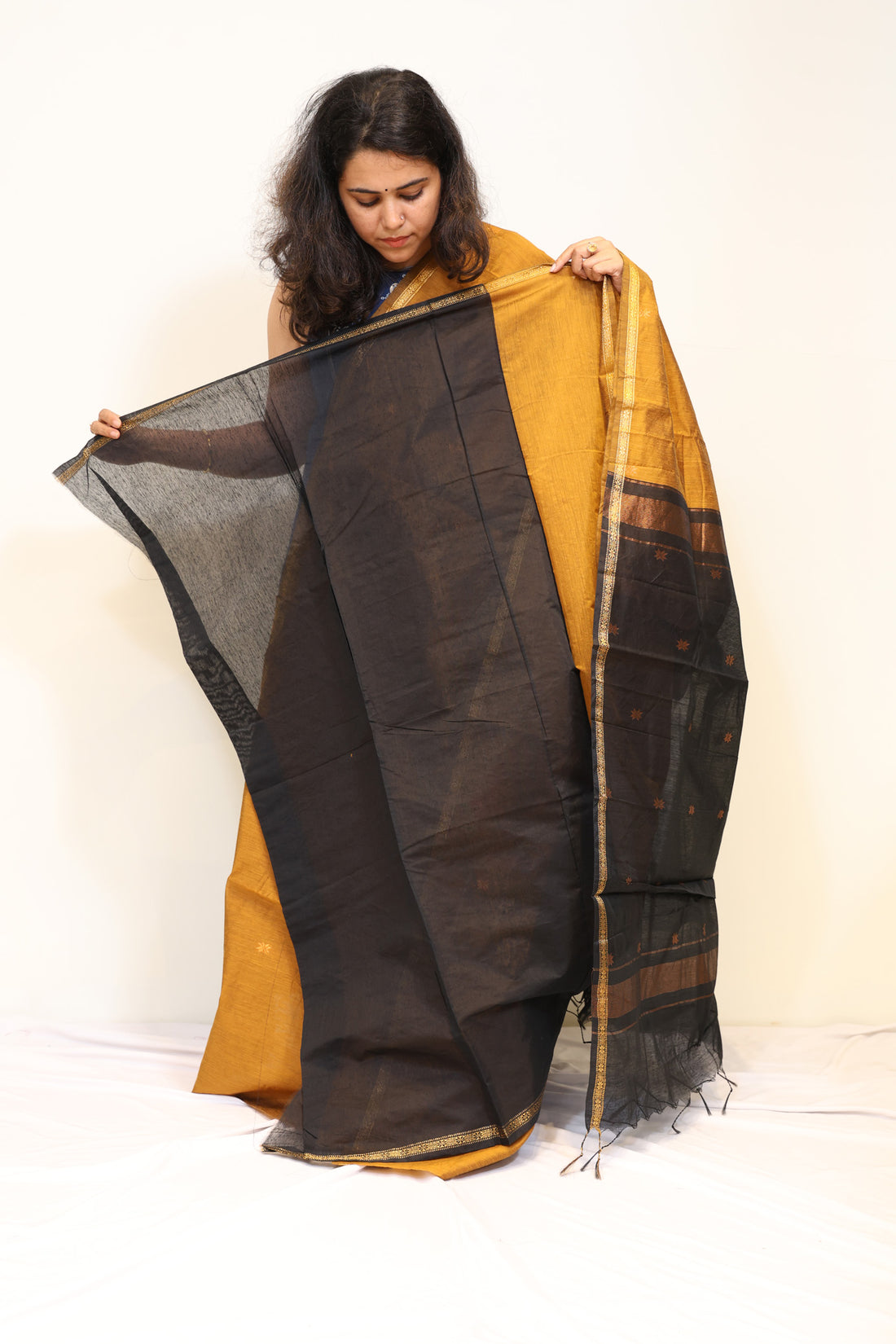 Mustard Gold Semi Maheshwari Saree with Black Contrast Pallu